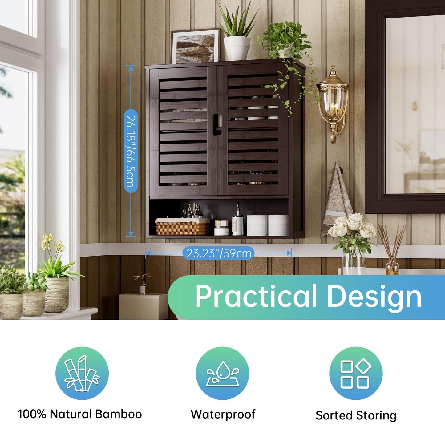 SMIBUY Bathroom Cabinet, Wall Mounted, Bamboo Over the Toilet Storage Organiser, Space Saving Medicine Cabinet with 2 Doors and Adjustable Shelves (Black)