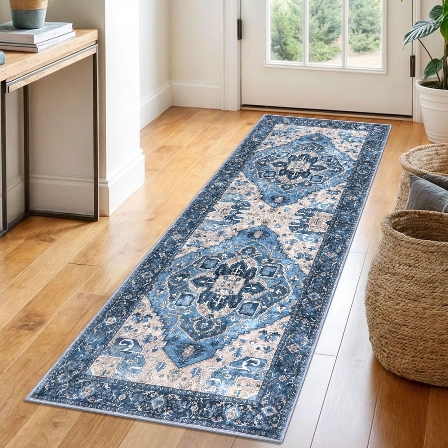 2x3 Blue Washable Rug for Entrance, Soft Traditional Area Rug, Non-Slip Printed Kitchen Rugs, Low-Pile Medallion Indoor Door Mat, Small Farmhouse Carpet for Entryway Kitchen Foyer Bedside