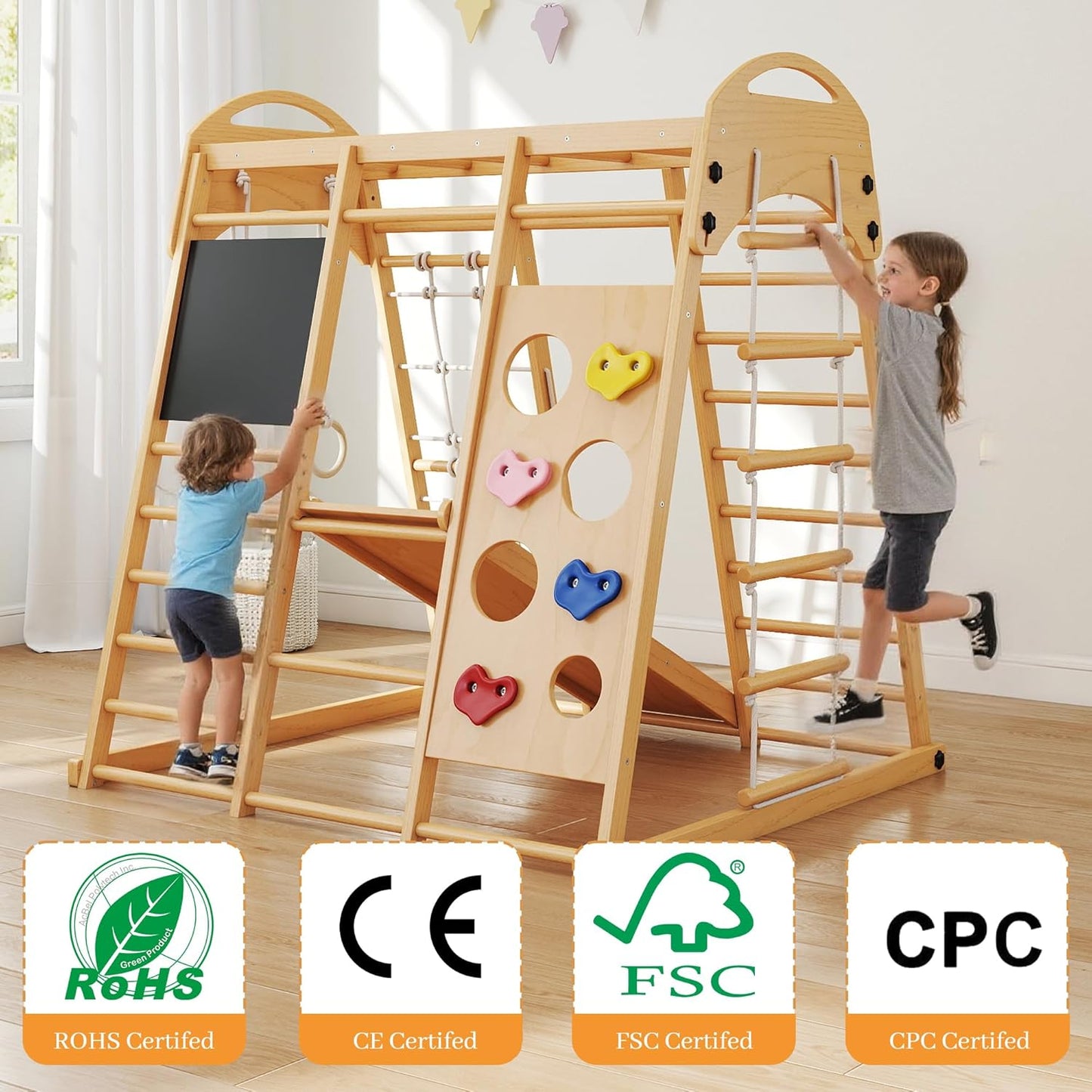 Freelawn Klettergerüst Indoor Montessori 9-in-1 Holz Spielplatz - Kletternetz, Rutsche, Sprossenwand für Kinder 1-6 Jahre (Natur)