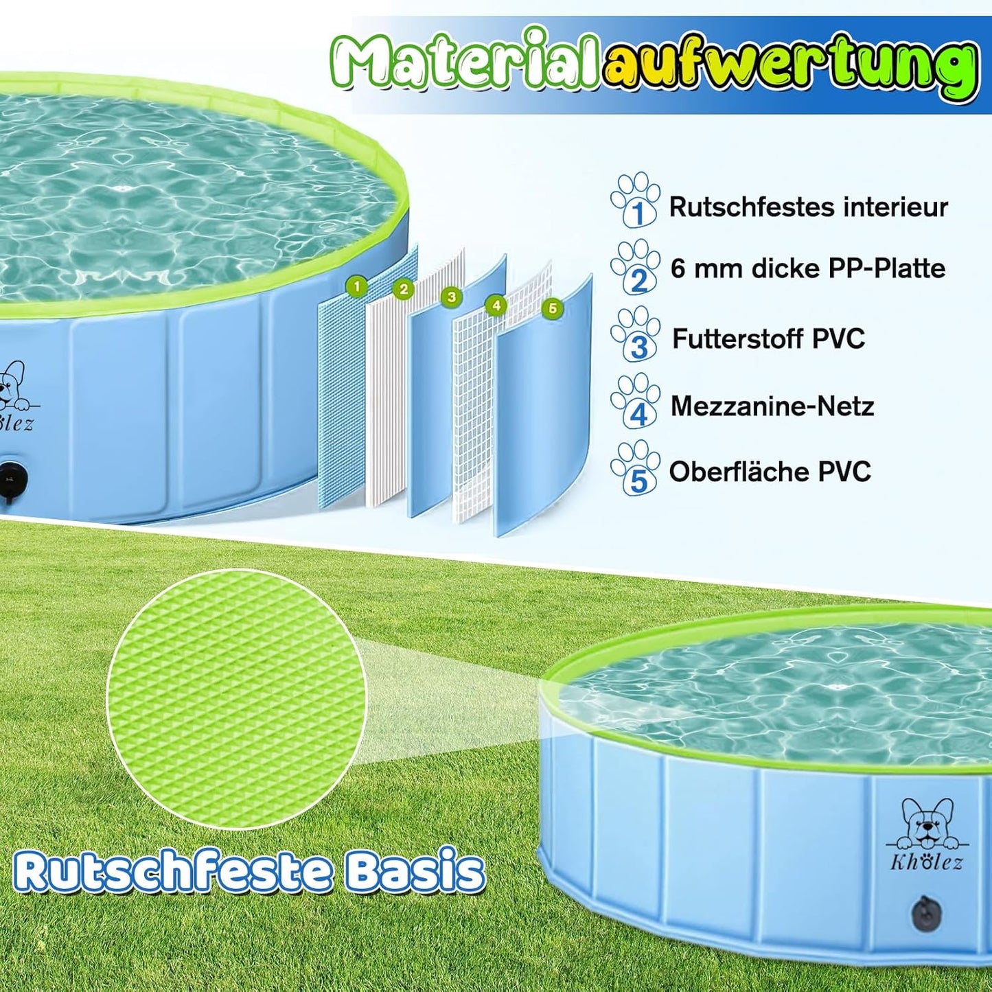 KHOLEZ Hundepool, 120 x 30CM Hundebadewanne für Große Kleine Hunde, Faltbarer Hund Planschbecken für Kinder, Tragbar Swimmingpool Schwimmbecken rutschfest mit Badebürste Ablassventil PVC-Aufnäher x 4