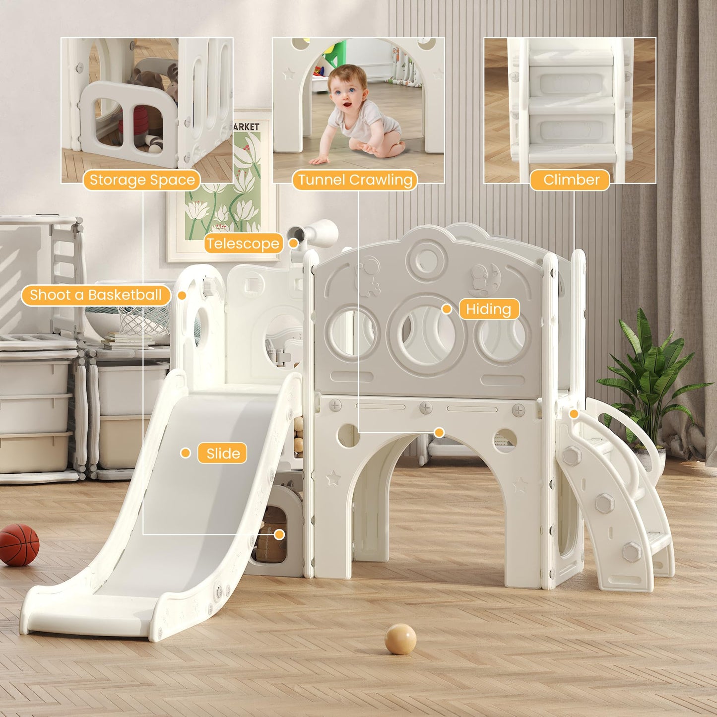 Hominewti Kinderrutsche, 8-in-1-Montessori Kinder Spielplatz mit Basketballkorb, Teleskop und Klettergerüst, Babyrutsche für Kleinkinder, Spielplatz für drinnen und draußen, Grün