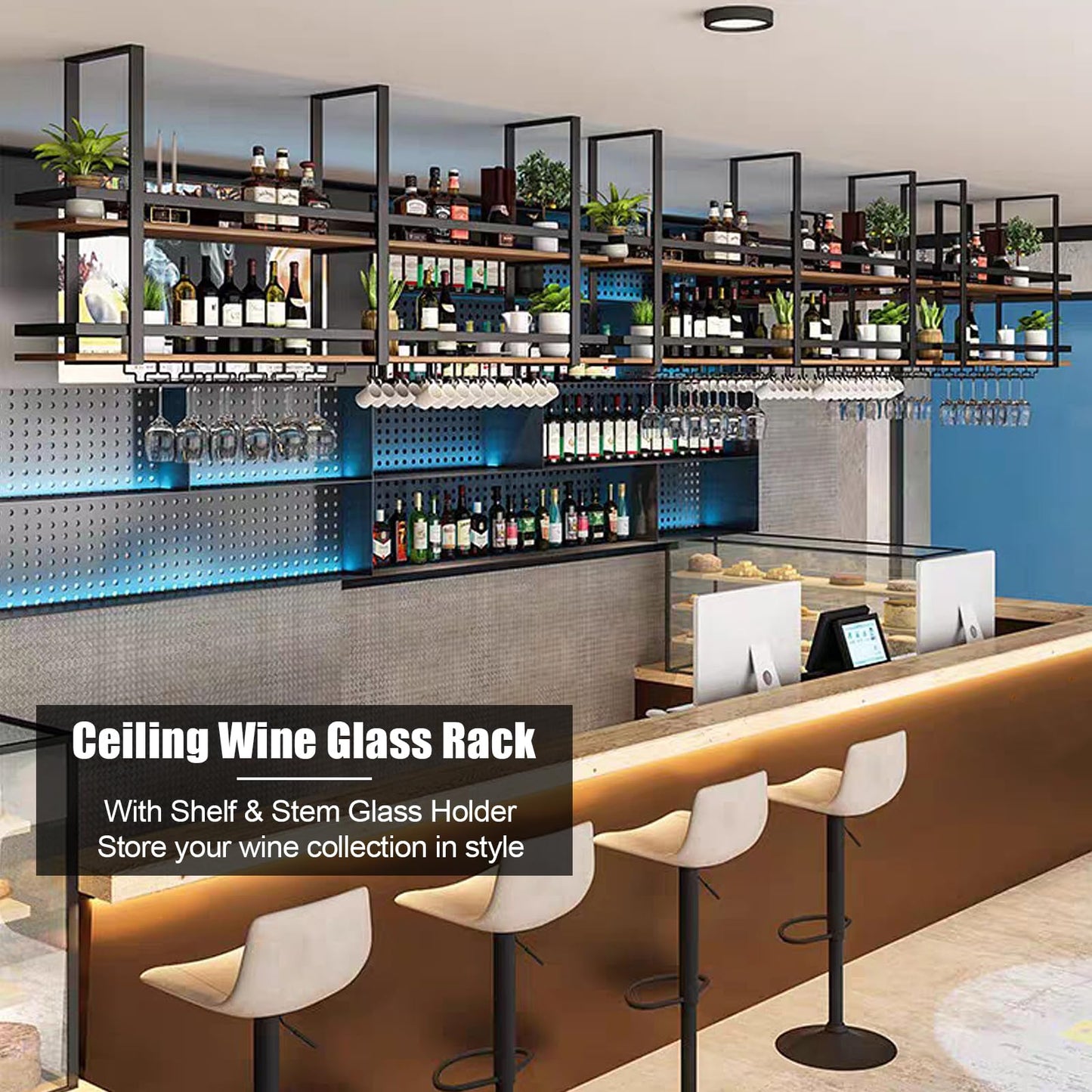 Ceiling Shelf Wine Rack - Ceiling Shelf Hanging Metal Wine Glass Rack, 2-Layer Industrial Hanging Wine Bottle Holder with Glass Shelf for Stemware, for Bar, Cafe, Kitchen (Black, 100 x 30 x 80 cm)