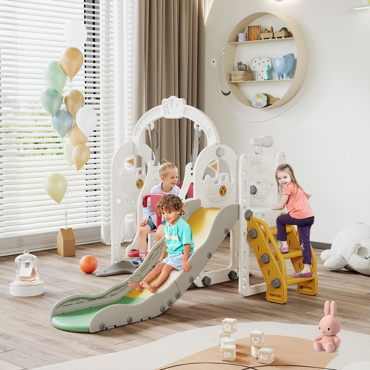 Kinderrutsche, Babyschaukel, 4 in 1, mit Schaukeln, Treppen, Gleiten, Basketballgestellen, Spielplatz für drinnen und draußen, multifunktionale Rutsche (Rosa, Kaninchen)