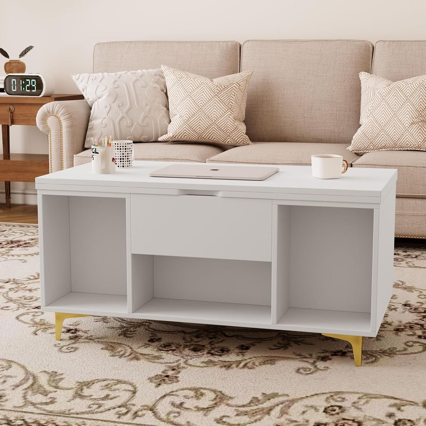 VOWNER Coffee Table Height Adjustable, 3-in-1 Multifunctional Living Room Table with Drawer, Coffee Table with Storage Space, Convertible into Living Room Dining Table, White