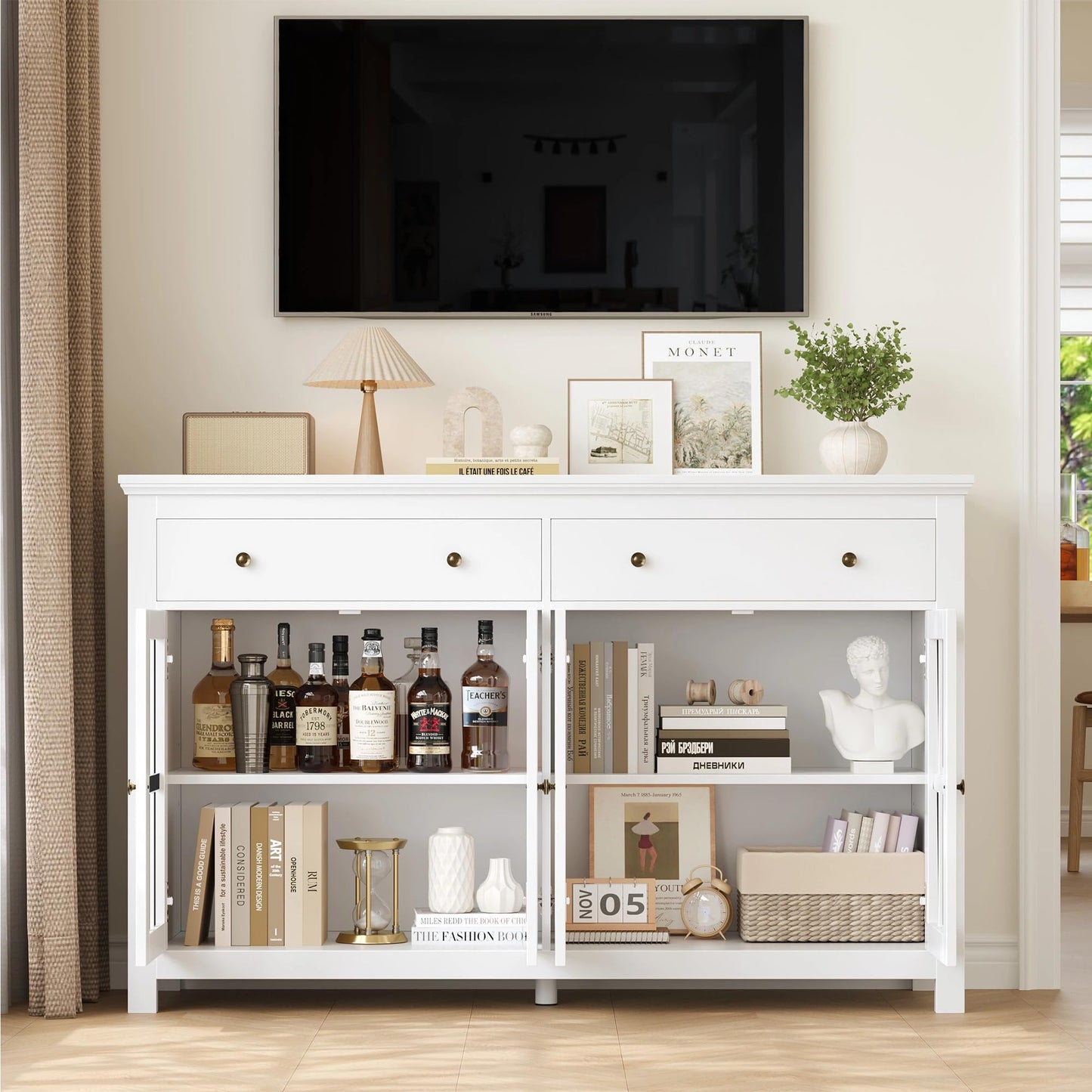 FirFurd Sideboard 140 cm Wide Kitchen Cabinet with Worktop Sideboard Living Room Kitchen Buffet Cabinet with 2 Drawers 4 Glass Doors Kitchen Buffet with Adjustable Shelves 140 x 40 x 91 cm Black