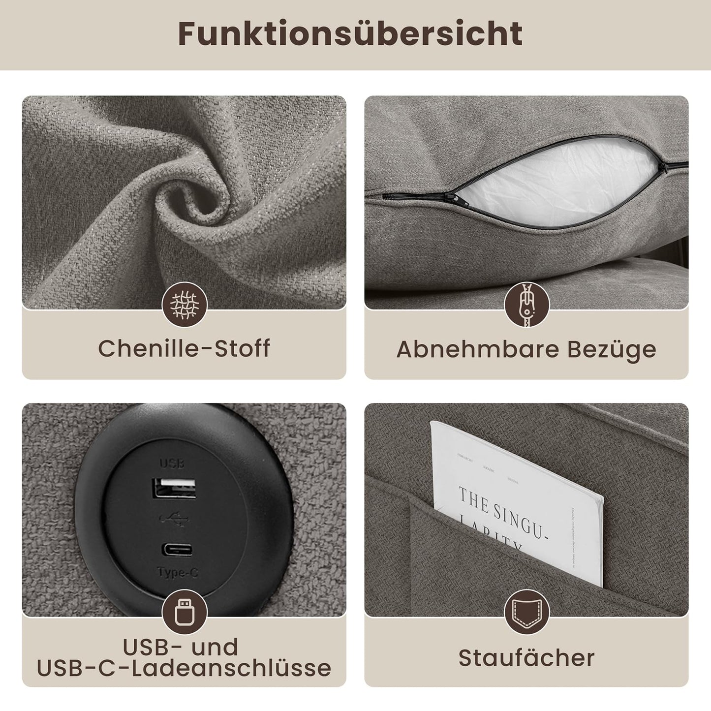 DUANDUAN 250CM Convertible Sektionssofa Couch mit Chaise Lagerung, Moderne L-förmige Reversible Design, Bequeme Chenille Stoff, abnehmbare Kissenbezüge USB Typ-C Ports Wohnzimmer(Beige)