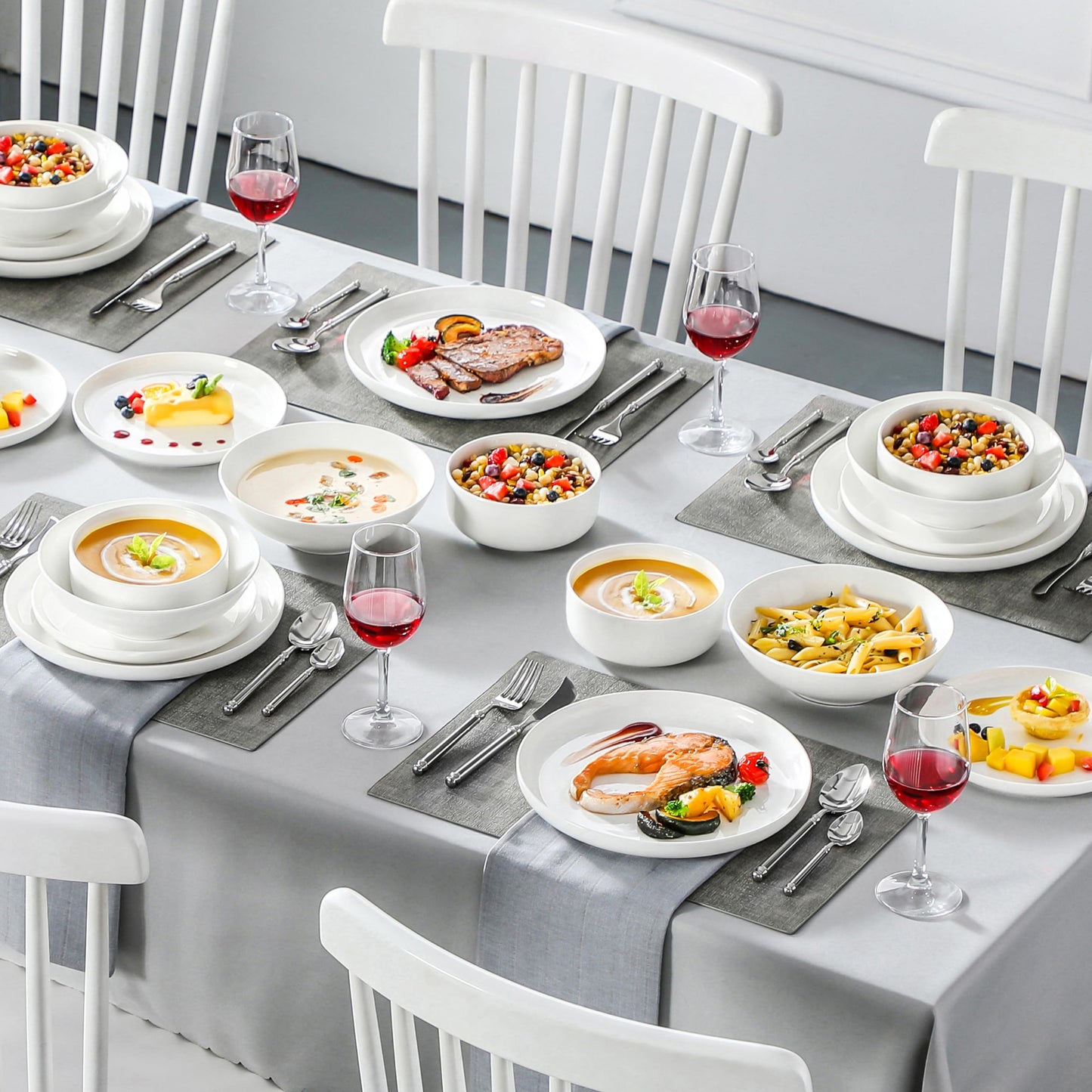 MALACASA Geschirrset 6 Personen, LUNA 24-tlg Tafelservice aus Weißem Porzellan, Modernes Geschirr Set mit je 6 Speiseteller, Dessertteller, Suppenteller und Müslischalen