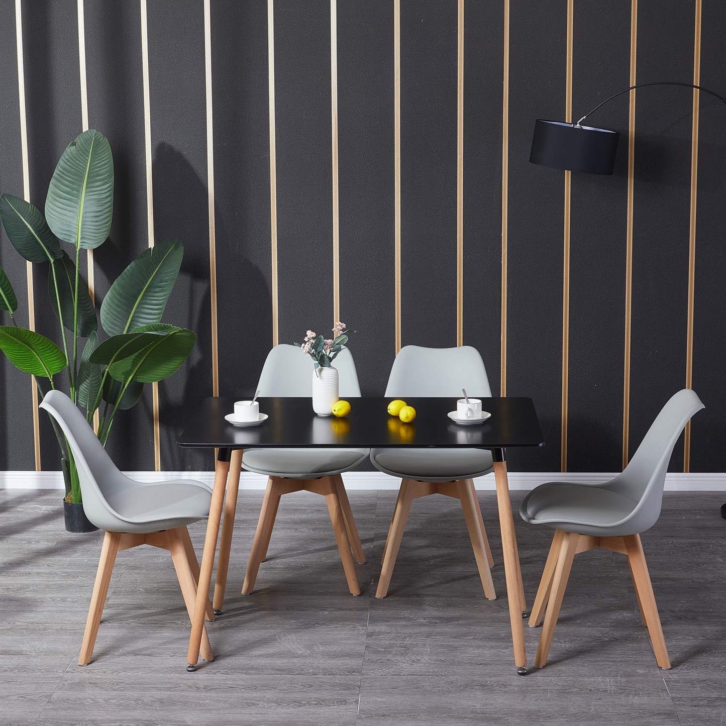 H.J WeDoo Esszimmergruppe mit 4 Essstühlen, Rechteckig Esstisch und Stühle für Esszimmer, Küche, Wohnzimmer, Weißer Esstisch und Graue Stühle
