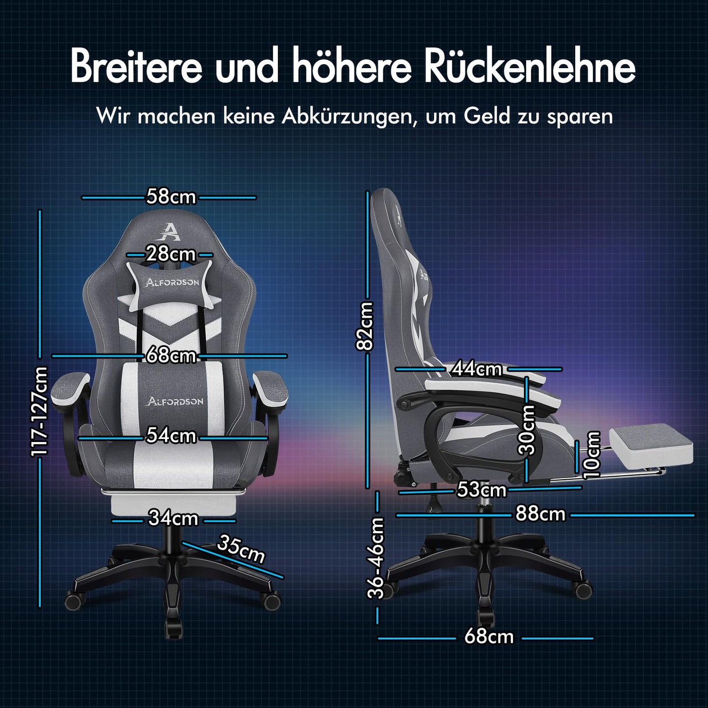 ALFORDSON Gaming Stuhl mit 8-Punkt Massage 12 Farben RGB LED-Licht, Bürostuhl Ergonomisch mit fußstützen, Kopfstütze Lendenkissen für Kinder Erwachsene, Schwarz