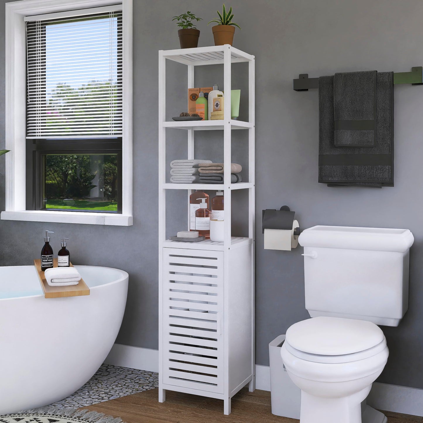 HITNET Bathroom Cabinet Bamboo Black Bathroom Cabinet Tall Cabinet Narrow Freestanding Floor Standing with Open Shelf and Single Door