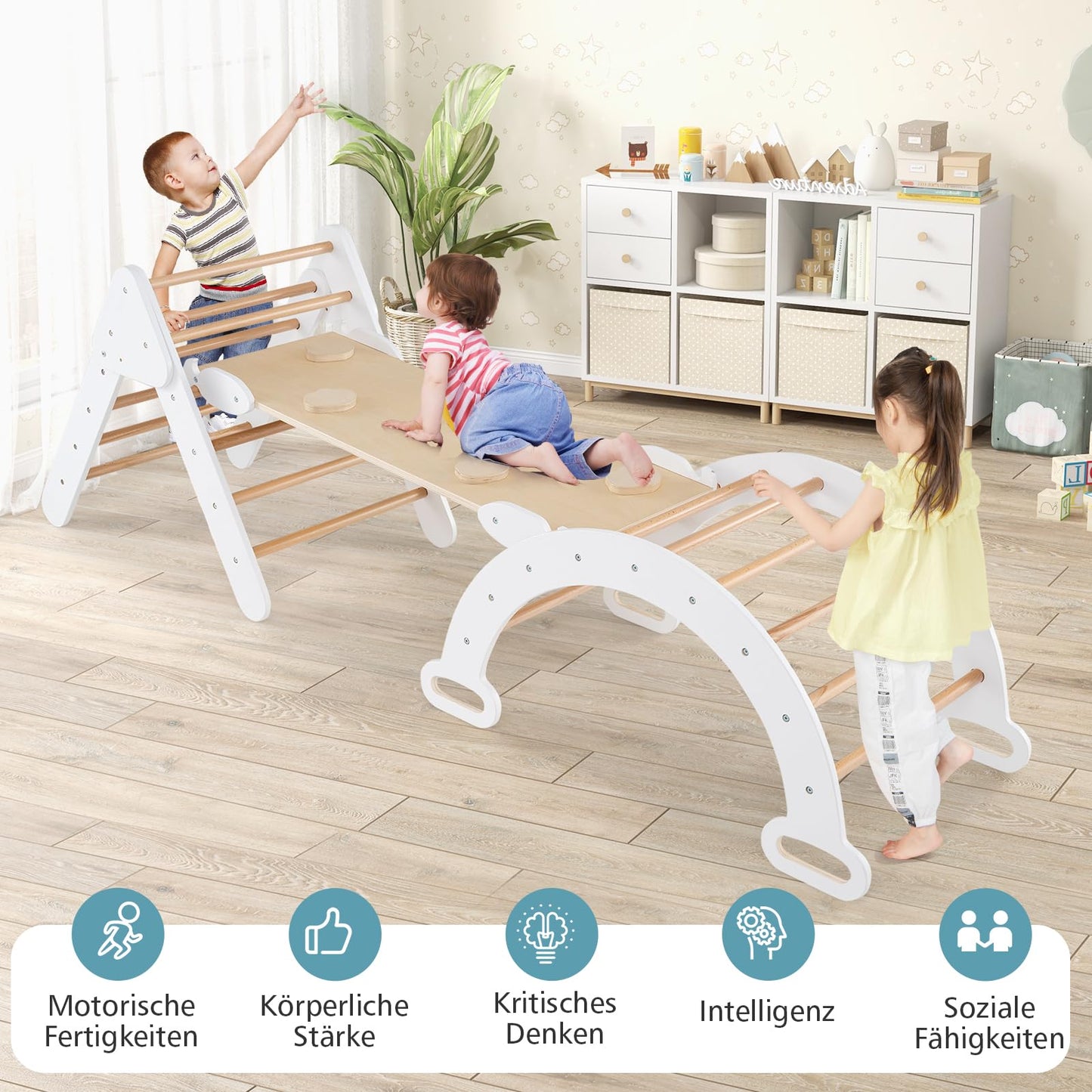 COSTWAY Kletterdreieck mit Rutsche, Kletterbogen, inkl. doppelseitige Rampe, zum Klettern, Rutschen und Wippen, 4 in 1 Klettergerüst Indoor ab 1 Jahr (Macaron bunt)