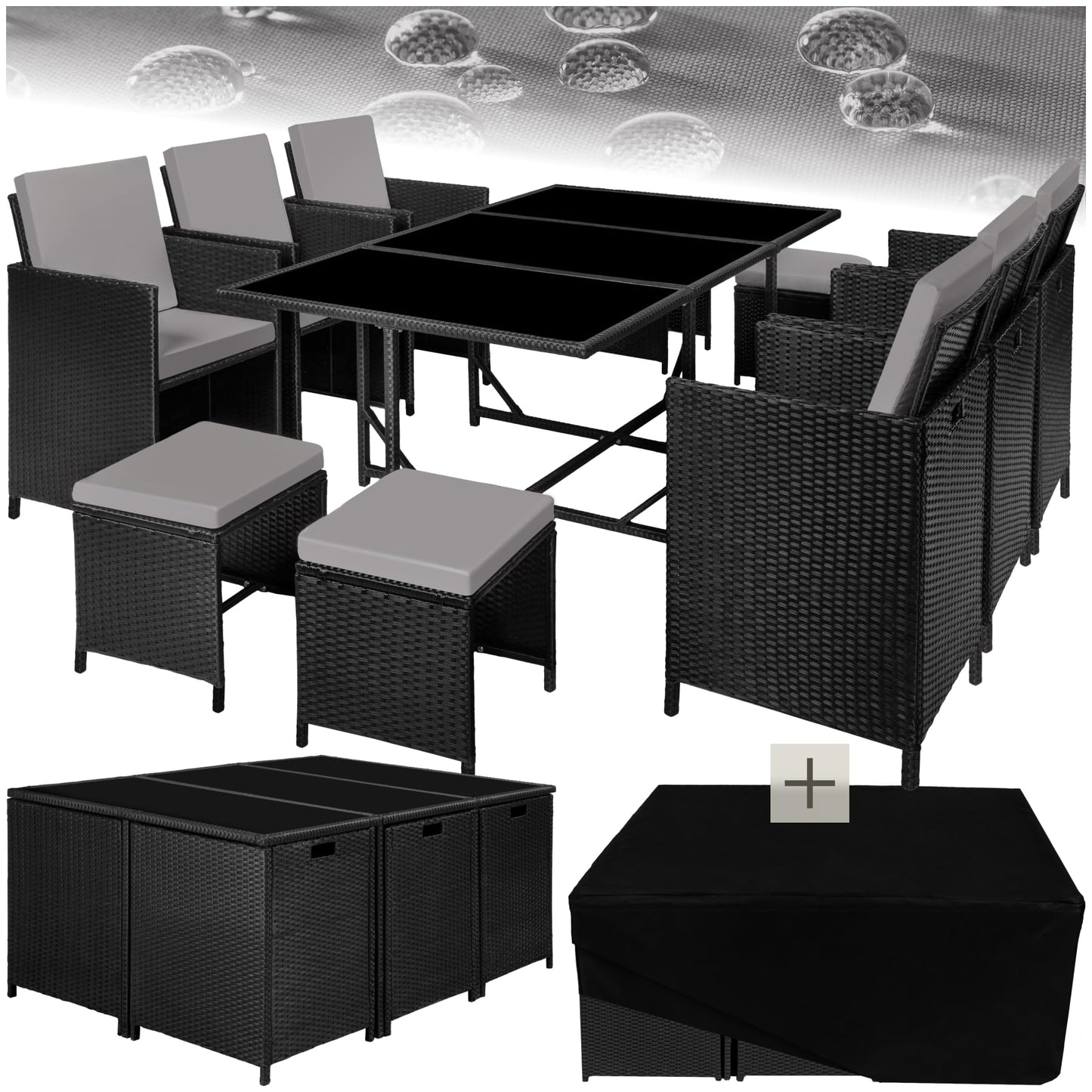 tectake® Outdoor Balcony Garden Furniture Set, Lounge with 6 Chairs, 4 Stools and 1 Table, Poly Rattan Wicker, Weatherproof, Space-Saving - Grey