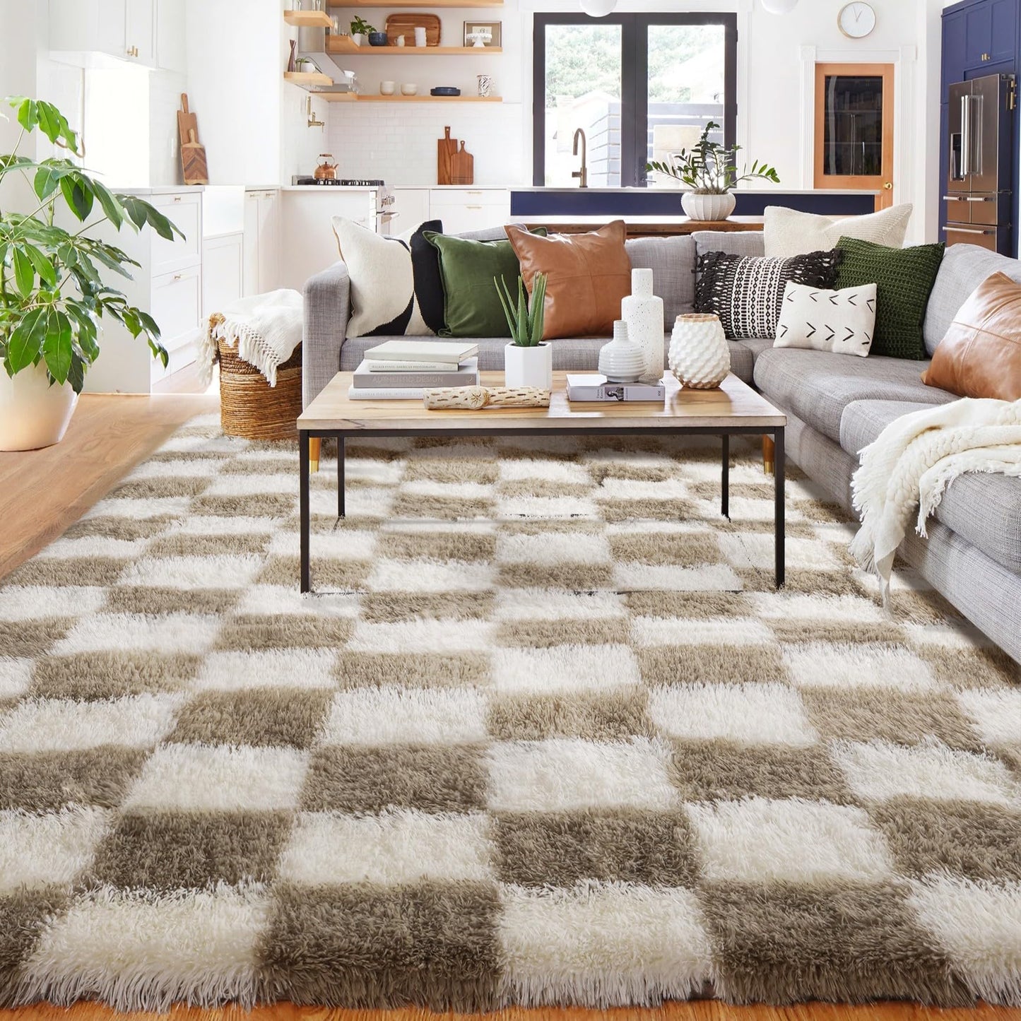 BYBSRLL Checked Rug Pink and White 120 x 180 cm High Pile Soft Fluffy Cuddly Rug Washable Rug Living Room Bedroom Children's Room Girls Non-Slip Rugs for Living Room