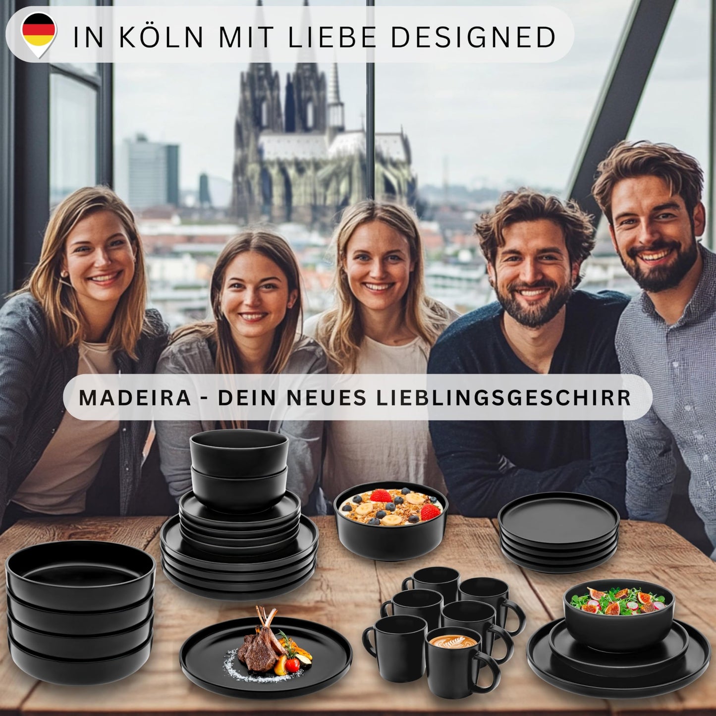 SÄNGER Madeira | Steingut Geschirr Set 18 tlg, Teller Set 6 Personen, Geschirrset 6x Speiseteller 6x Müslischalen 6x Dessertteller, Tafelservice schwarz kratzfest, Essgeschirr matt | VALUE COLLECTION