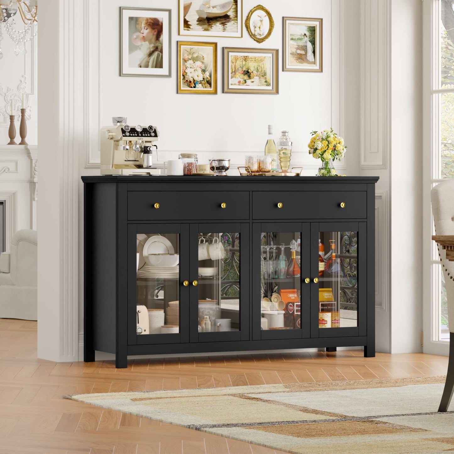 FirFurd Sideboard 140 cm Wide Kitchen Cabinet with Worktop Sideboard for Kitchen Living Room Buffet Cabinet with 2 Drawers and 4 Glass Doors Kitchen Buffet with Adjustable Shelf 140 x 90.7 x 40 cm