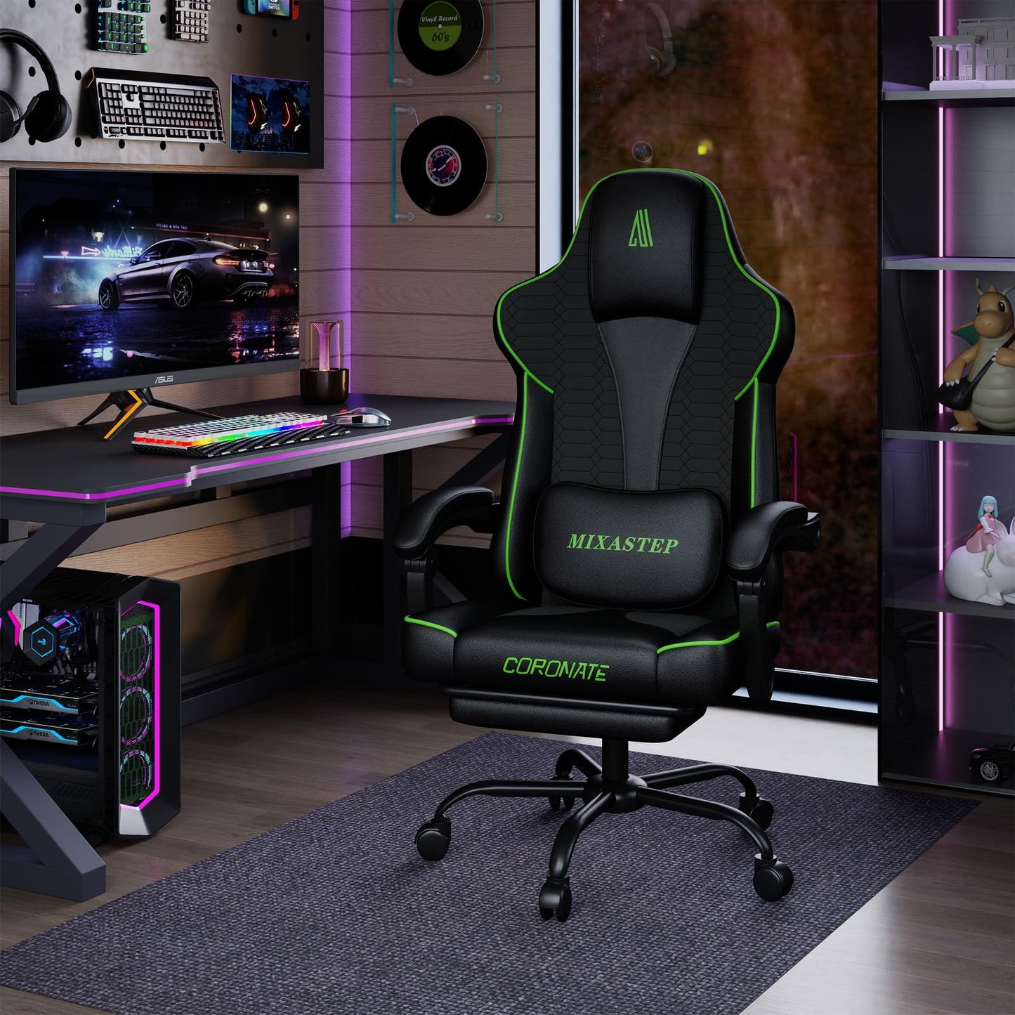 NSMAZXO Gaming Stuhl Ergonomisch mit Verstellbarer Rückenlehne & 360° Drehfunktion - Bürostuhl für Erwachsene/Jugendliche 150KG,PC-Stuhl Stoff in Grün für Homeoffice/Gaming