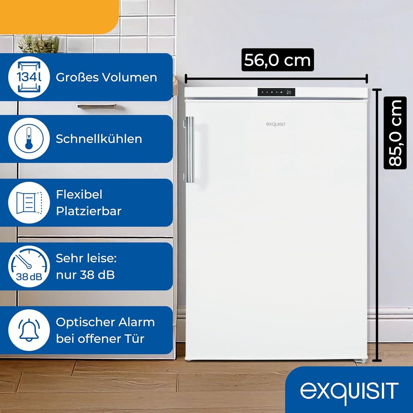 Exquisit KS516-V-HE-011D Fridge without Freezer, 134 Litres, Electronic Control, Quick Cooling, Alarm Function, Full Room Refrigerator, 55 cm Width, White