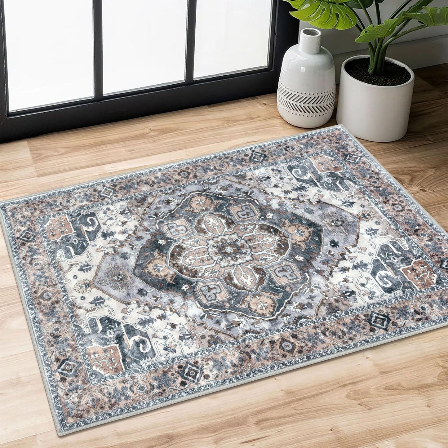 2x3 Blue Washable Rug for Entrance, Soft Traditional Area Rug, Non-Slip Printed Kitchen Rugs, Low-Pile Medallion Indoor Door Mat, Small Farmhouse Carpet for Entryway Kitchen Foyer Bedside