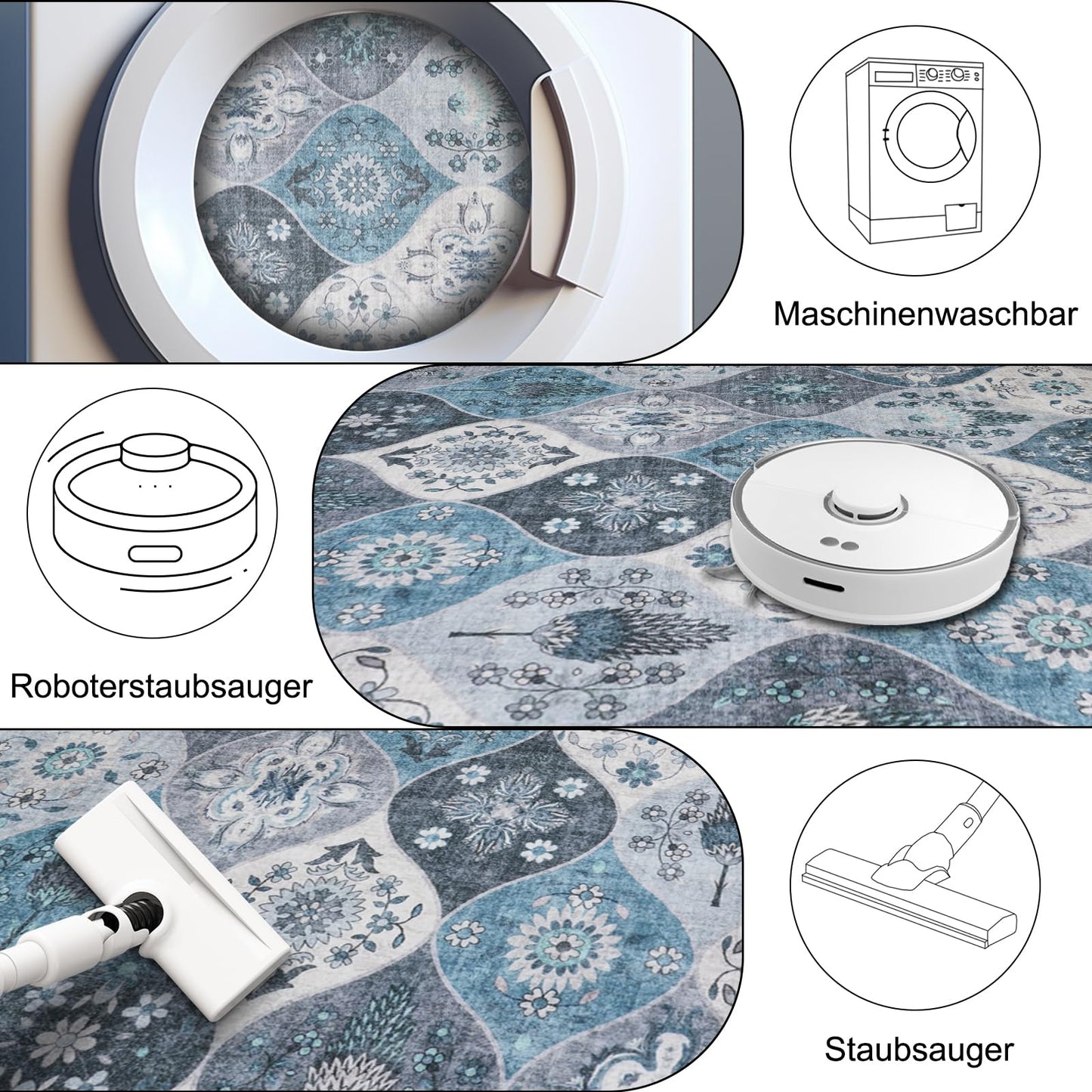 Xfrog Blumen Boho Teppich - Rutschfester Waschbarer Ultraweicher Antiker Niedriger Flor Flächenteppich für Wohnzimmer, Schlafzimmer, Kinderzimmer - 80 x 150 cm