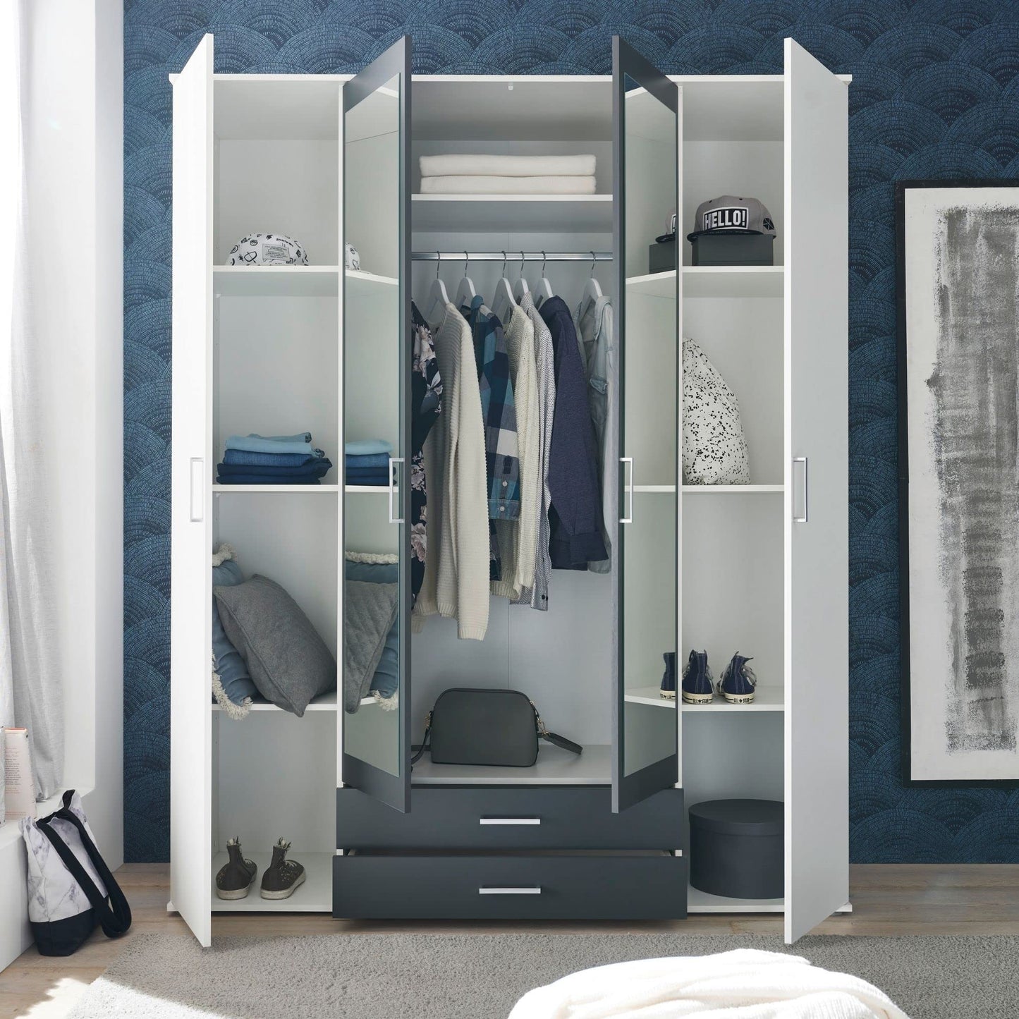 Stella Trading HANAU Wardrobe with Mirror Door in White, Graphite, Versatile Hinged Door Cupboard, 4 Doors for Your Bedroom, 160 x 196 x 54 cm (W x H x D)