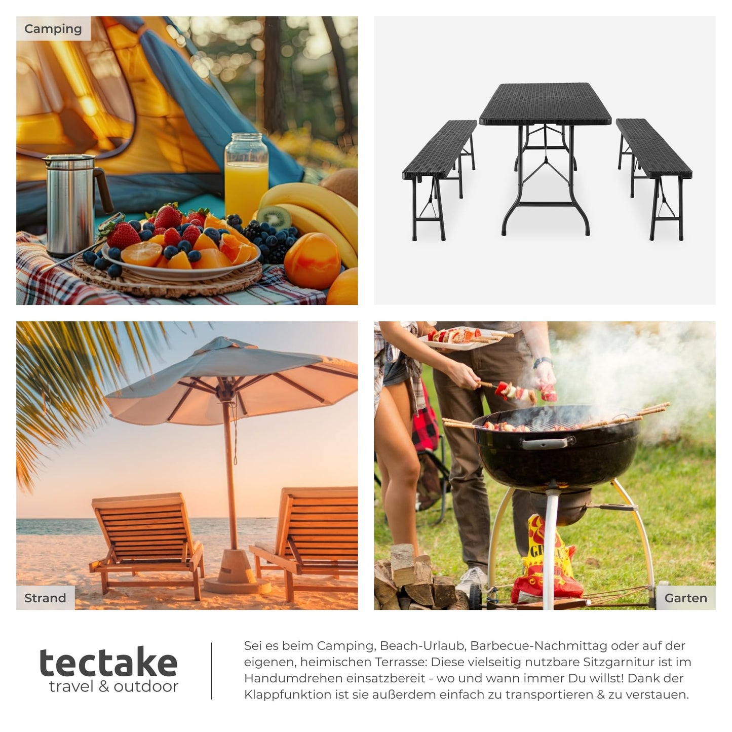 tectake® 3-teiliges Gartenmöbel Set, klappbarer Campingtisch mit 2X Bierbank, Balkonmöbel, Garten oder Terrassentisch Set, Bierzeltgarnitur, mit Tragegriffen, 180cm lang (weiß)