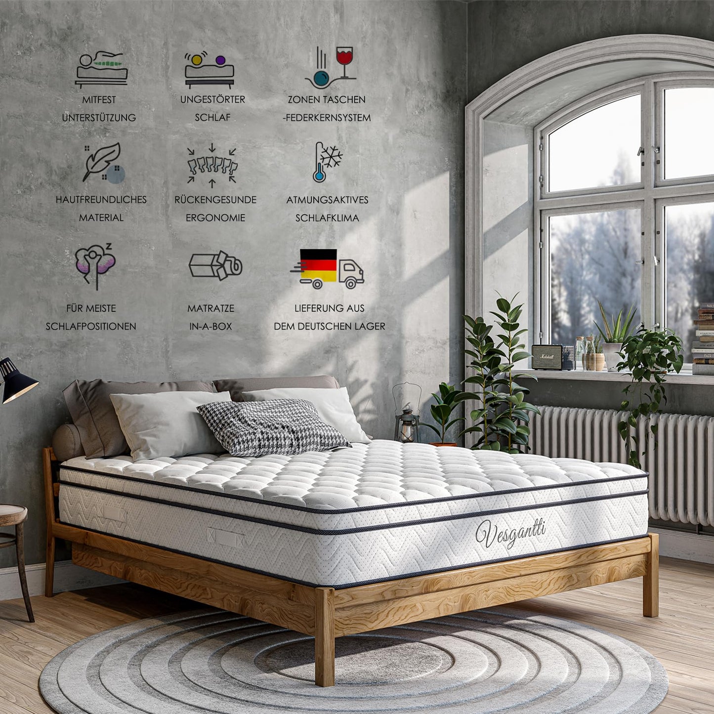 Vesgantti Matratze 180x200 höhe 22cm H3 7-Zonen Taschenfederkernmatratze Mittelfeste Orthopädischem Kaltschaummatratze Öko-Tex Zertifiziert Matratzen Klassik BoxTop