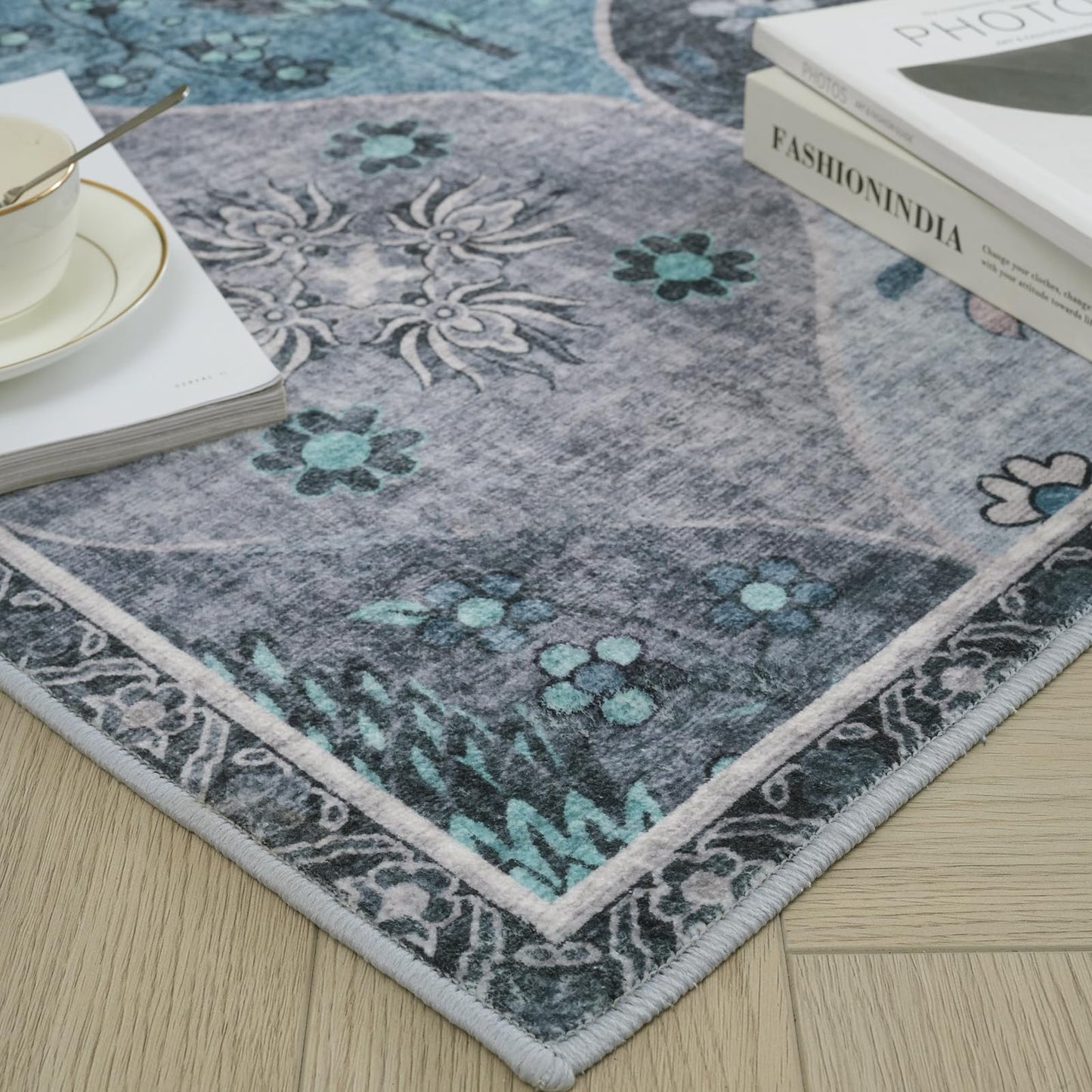 Xfrog Blumen Boho Teppich - Rutschfester Waschbarer Ultraweicher Antiker Niedriger Flor Flächenteppich für Wohnzimmer, Schlafzimmer, Kinderzimmer - 80 x 150 cm