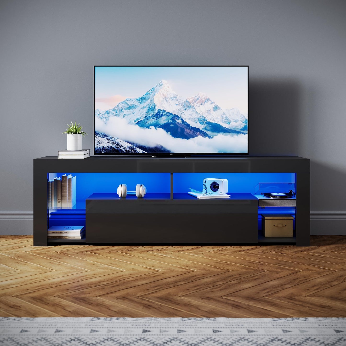 SONNI Modern TV Cabinet 180 cm, Lowboard High Gloss White with 16 Colours LED Lighting, Drawer, Open Glass Shelves, TV Stand for TVs up to 65 Inches, Living Room & Bedroom, 180 x 35 x 45 cm