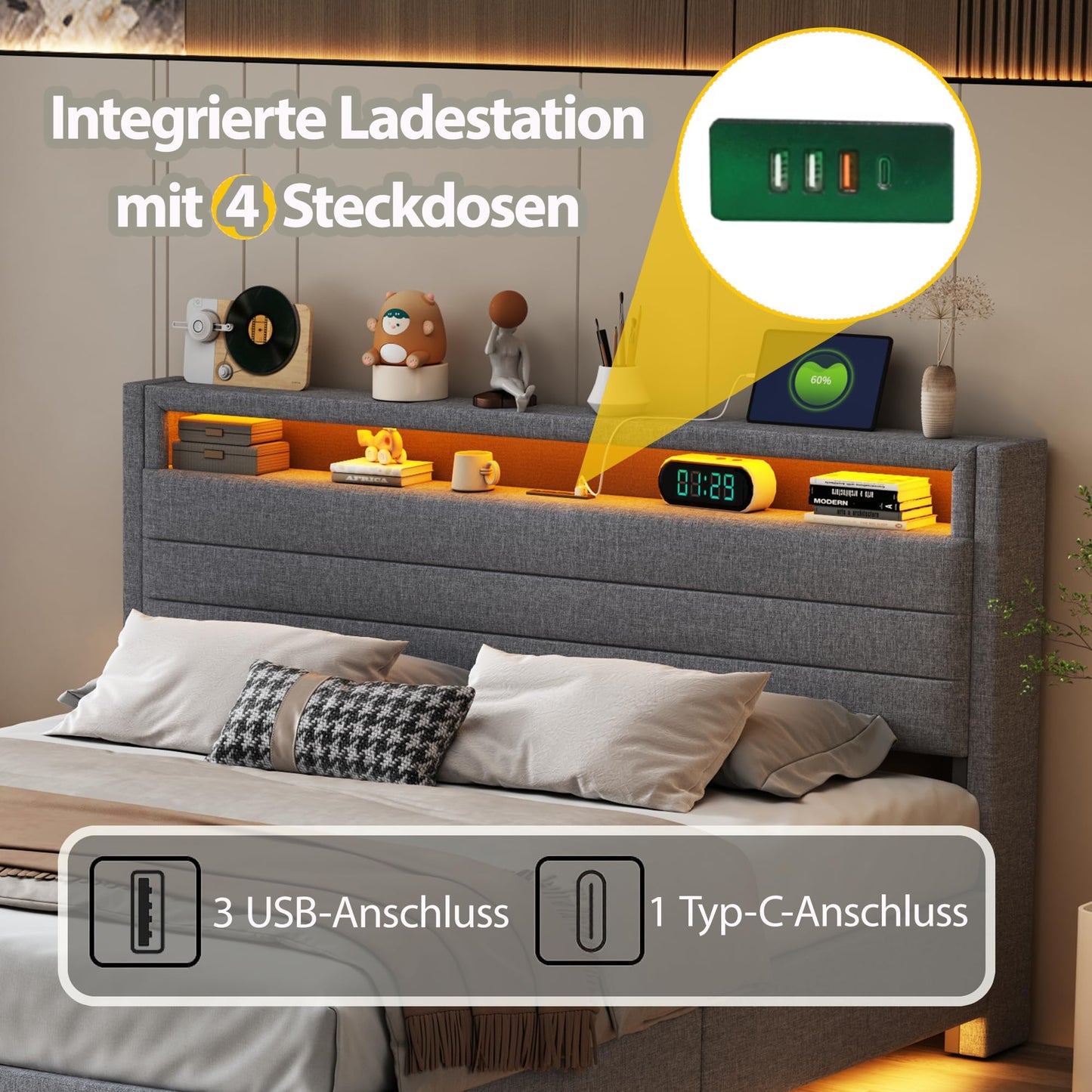 LAKFEW Upholstered Bed 140 x 200 cm, Double Bed Functional Bed with USB Socket and LED Lighting, Hanging Bed Headboard with Concealed Storage Space, Bed Frame Bed with Slatted Frame, Linen, Without