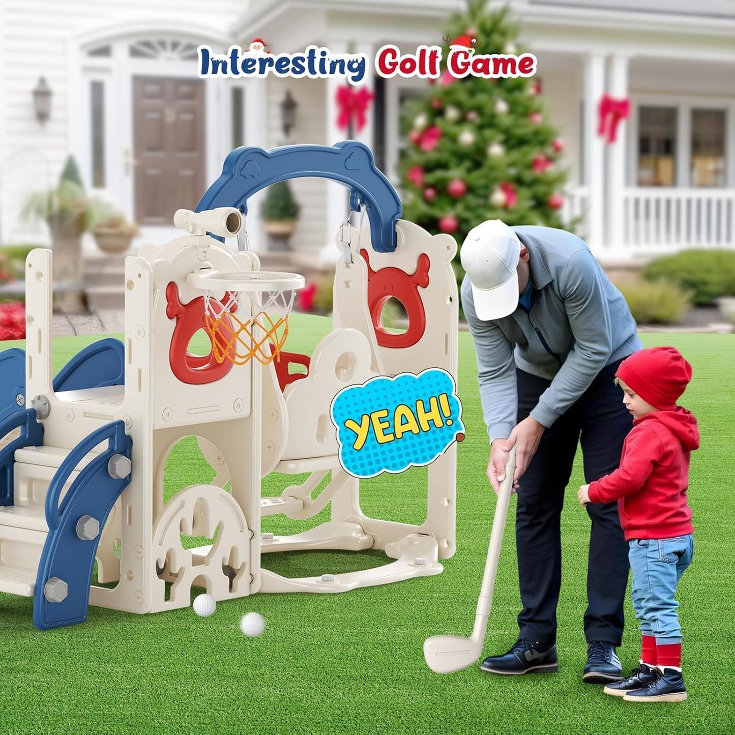 Children's Slide, Large Toddler Slide with Basketball Hoop, Climbing Frame for the Garden, Telescope, Storage Space, for 1-3 Years, Extra Long 1700 mm (7-in-1 Elk Slide Active Model (Khaki)))
