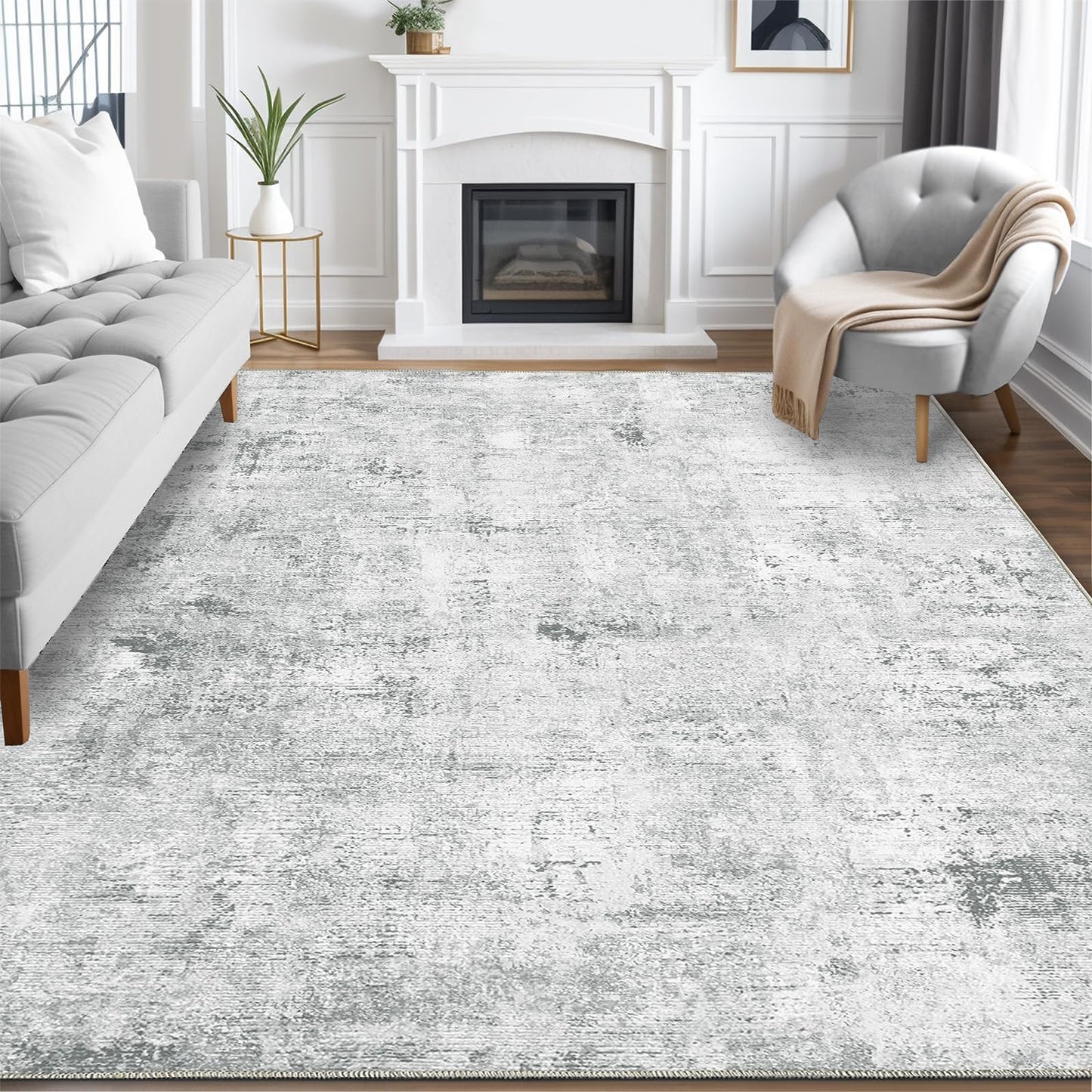 Guchuang Bedding Living Room Rug 140 x 200 cm, Grey Green Rug Vintage Mottled Smudged Design Short Pile Rugs, Washable Non-Slip Rugs for Bedroom