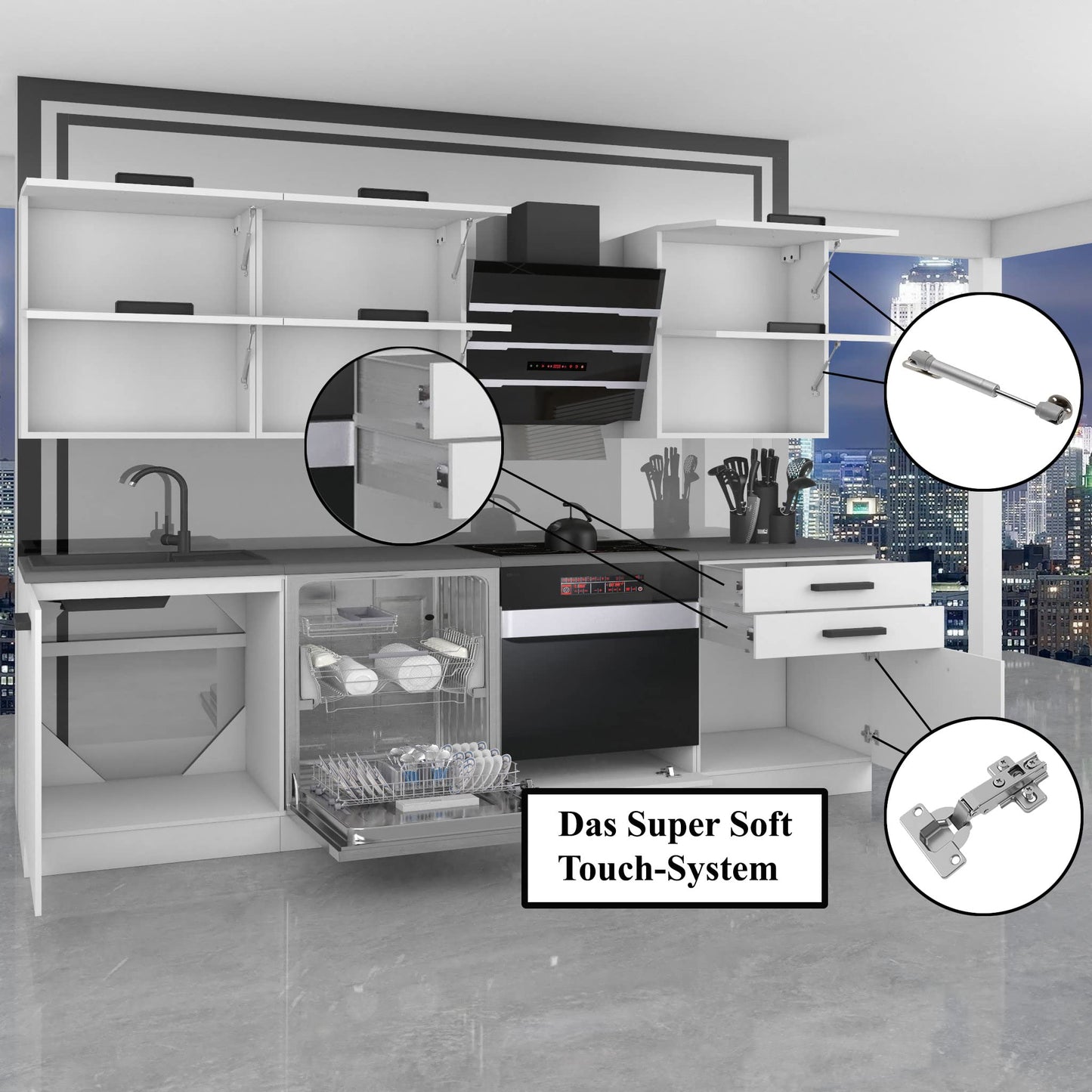 Belini Linda Kitchen Unit, Kitchen Furniture 240 cm, Fully Equipped without Electrical Appliances, with Wall Cabinets and Base Cabinets, with Worktops, Matt White