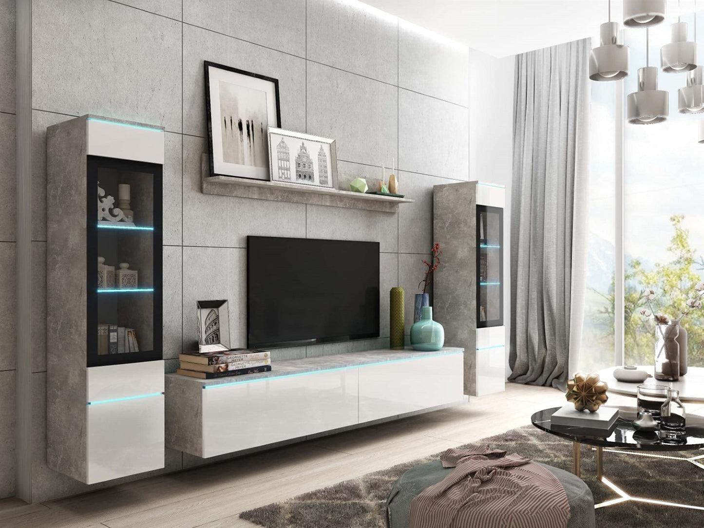MINIO go for it Veve 2, 4-Piece Wall Unit Set, Hanging or Standing, 2 x Tall Cabinet Display Cabinets, Lowboard, Wall Board, Laminated Clamping Plate, Wotan Oak and Black Gloss, without Lighting