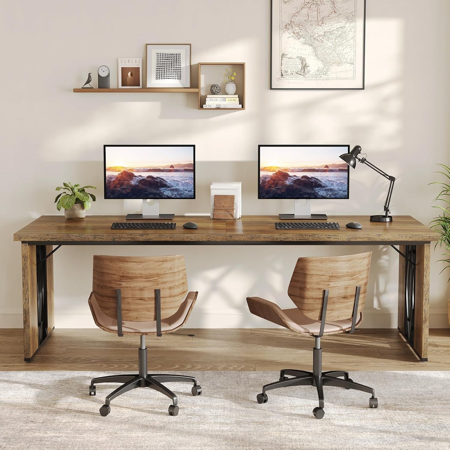 Tribesigns Computer Desk, 200 x 70 x 76 cm, Double Long Desk, PC Table, Office Table, Work Table, Industrial Design Conference Table for Home Office, Brown