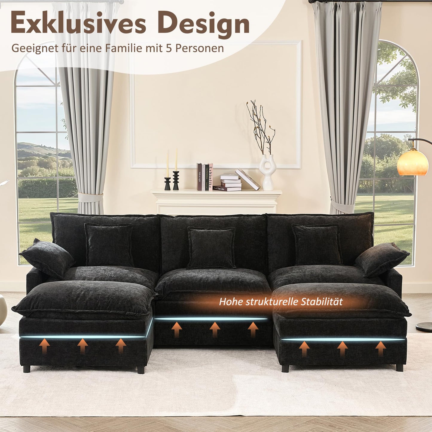 Litbird U-förmiges modulares Sofa 3-Sitzer Ecksofa mit Hocker, tiefes Sitzdesign, Cloud Couch für Wohnzimmer(Hellbraun)