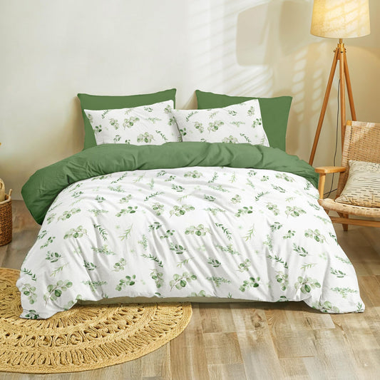 Dreamzie Bed Linen Set 155 x 220 cm with 2 Pillowcases 80 x 80 cm, Botanic Motif Sage Green, Adult Bed Linen, 155 x 220 cm, Made of 100% Microfibre, Certified, No Chemicals (OEKO TEX)
