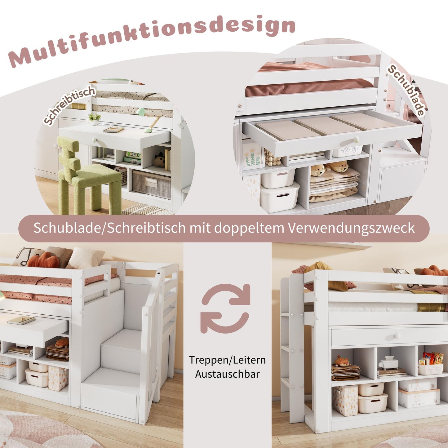 Merax Kinderbett 90x200 cm aus Holz, Multifunktionales Hochbett mit austauschbarer Treppe & Stauraum, Schubladen als Schreibtisch nutzbar, Weiß (Ohne Matratze)