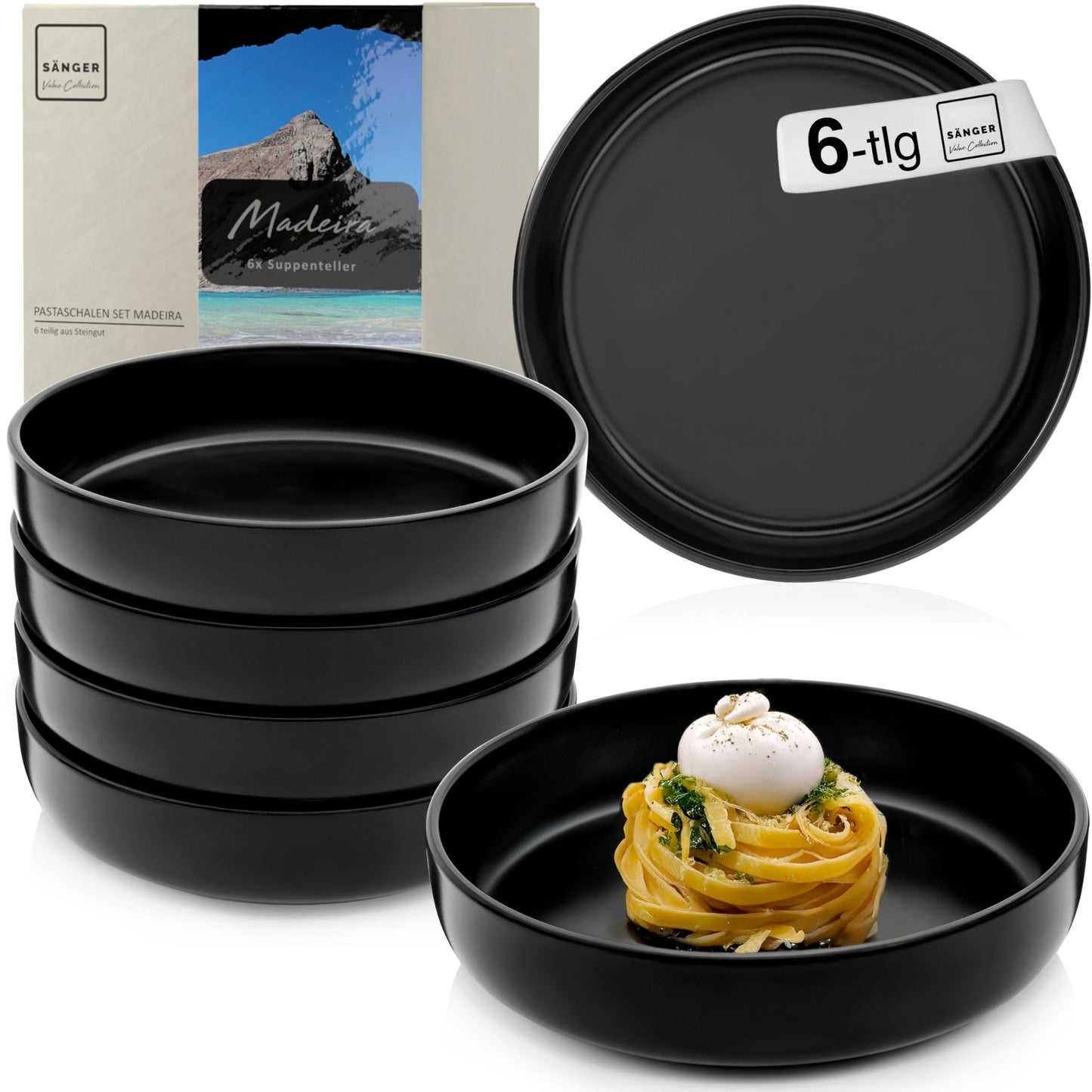 SÄNGER Madeira | Steingut Geschirr Set 18 tlg, Teller Set 6 Personen, Geschirrset 6x Speiseteller 6x Müslischalen 6x Dessertteller, Tafelservice schwarz kratzfest, Essgeschirr matt | VALUE COLLECTION