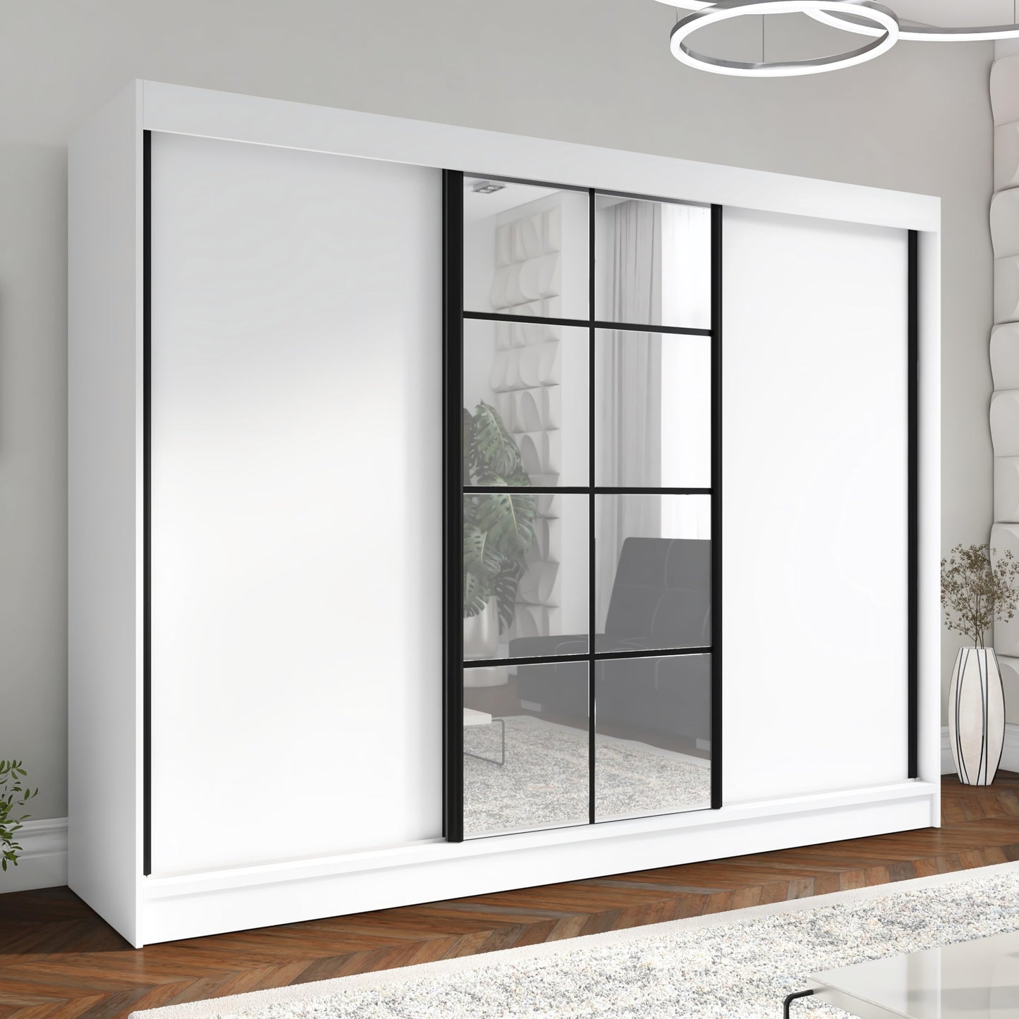 A&J MöbelLand Oravelle Sliding Door Wardrobe 3 Doors with Drawers and Mirror 200 cm (Black)
