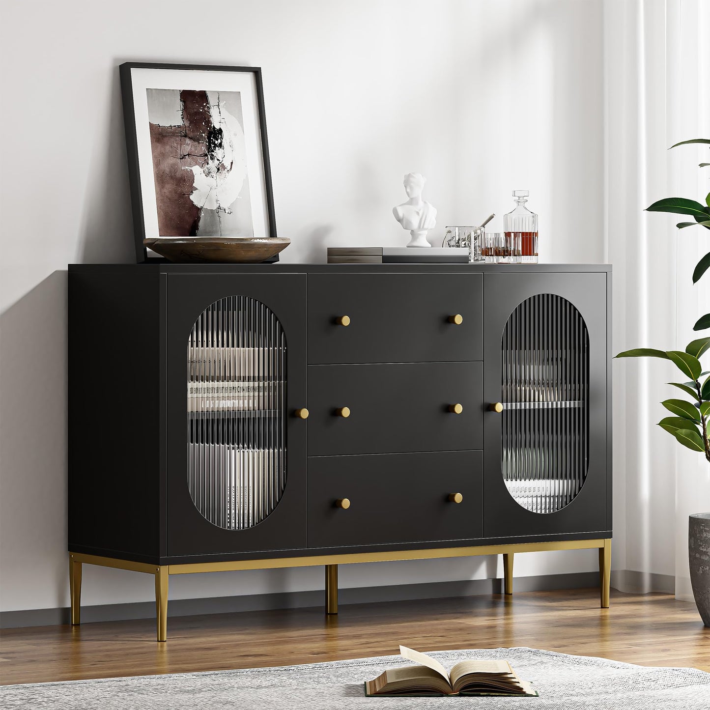 FirFurd Sideboard 120 cm Wide Kitchen Cabinet with Worktop Buffet Cabinet with 2 Glass Doors 3 Drawers Kitchen Buffet with Adjustable Shelf for Kitchen Dining Room Living Room 120 x 38 x 80 cm Black