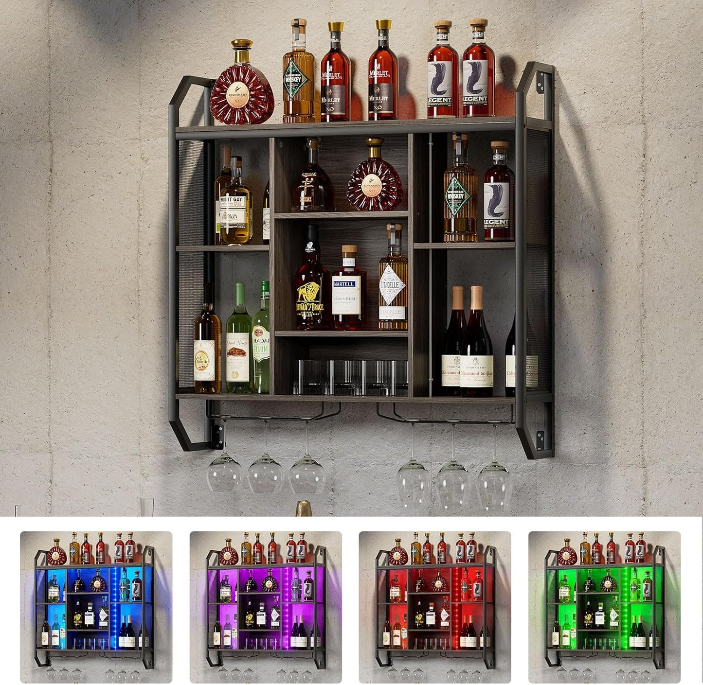 Weinregal Wand Mit LED-Licht 90*90CM Weinregal Zur Wandmontage Aus Eisen+MDF Flaschenregal Wand Weinregale Mit Glashalter Schweberegale Wandregal mit verstellbarem Regalboden für Bars,Weinkeller,Küche