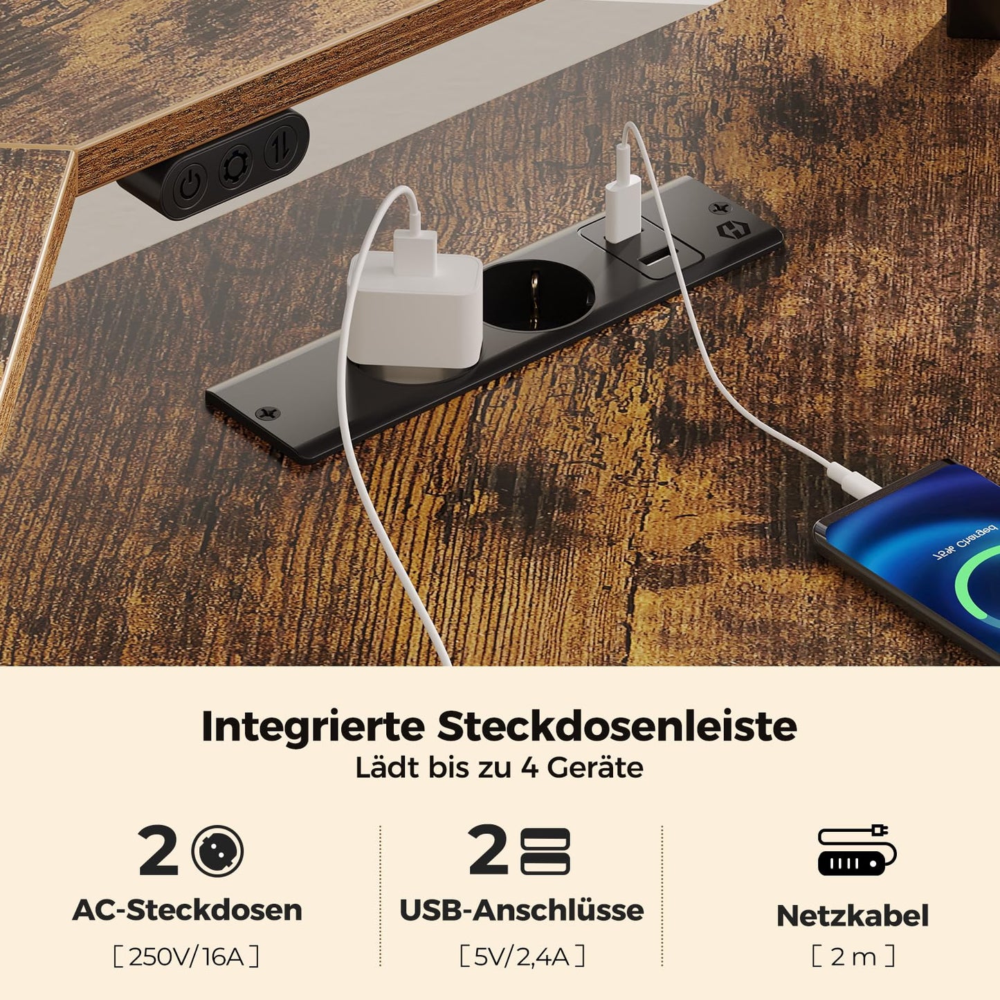 Rolanstar Schreibtisch L Form mit LED & Steckdosen, 117 cm Computertisch mit Monitorständer & Ablagefläche, Reversibler Eckschreibtisch mit 2 Haken, perfekt für Arbeitszimmer Schlafzimmer Büro