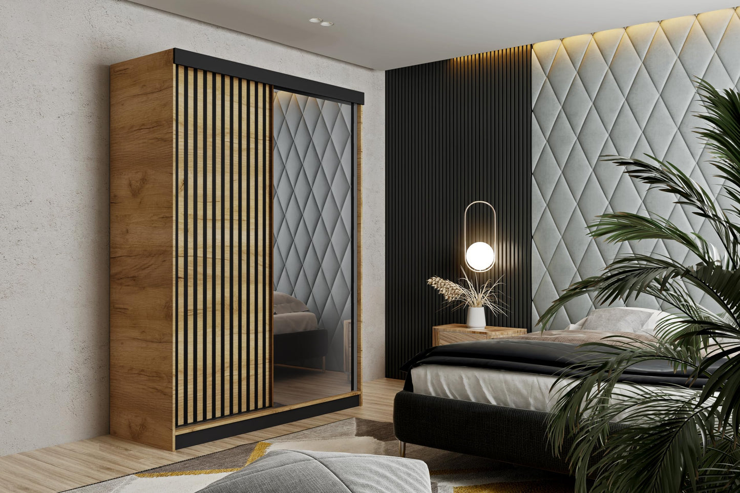 KIER FURNITURE Mehrzweckschrank Malani 200 Schiebetürenschrank - Eleganter Kleiderschrank Schrank Garderobe Spiegel - Wohnzimmerschrank Schiebetüren - Graphit Anthrazit 200x205x59 cm