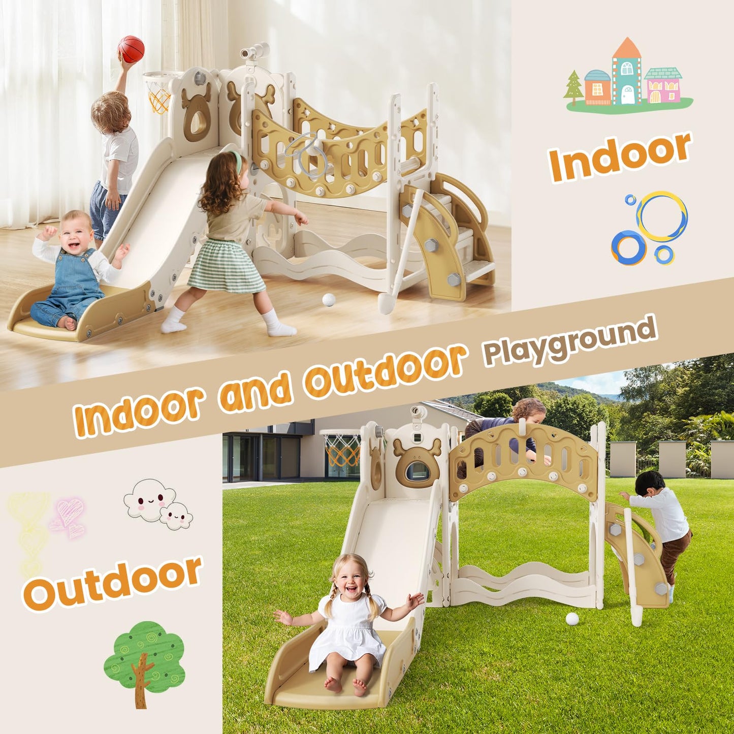 Krovtoy Kleinkindrutsche mit Weihnachtselch-Motiv, freistehende Kleinkindrutsche mit Golf-Set, Babyrutsche, Spielplatzgerät, für den Innen- und Außenbereich (Grau Beige - 6 in 1)
