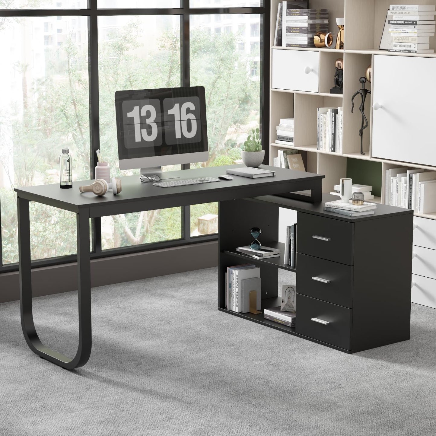 DEZAGCE L Förmiger Schreibtisch, Eckschreibtisch, Computertisch, Schbreibtisch mit 3 Schubladen und 105 cm Länge Aktenschrank,Arbeitstisch, Schreibtische, Weiß, 140 x 105 x 75 cm