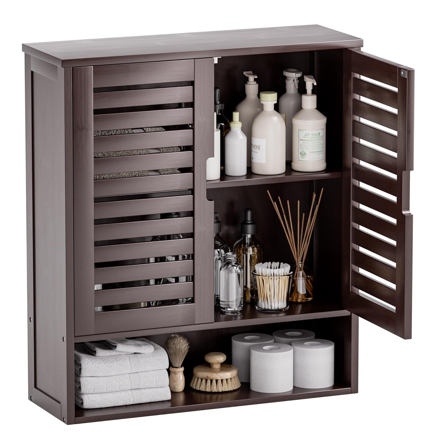 SMIBUY Bathroom Cabinet, Wall Mounted, Bamboo Over the Toilet Storage Organiser, Space Saving Medicine Cabinet with 2 Doors and Adjustable Shelves (Black)