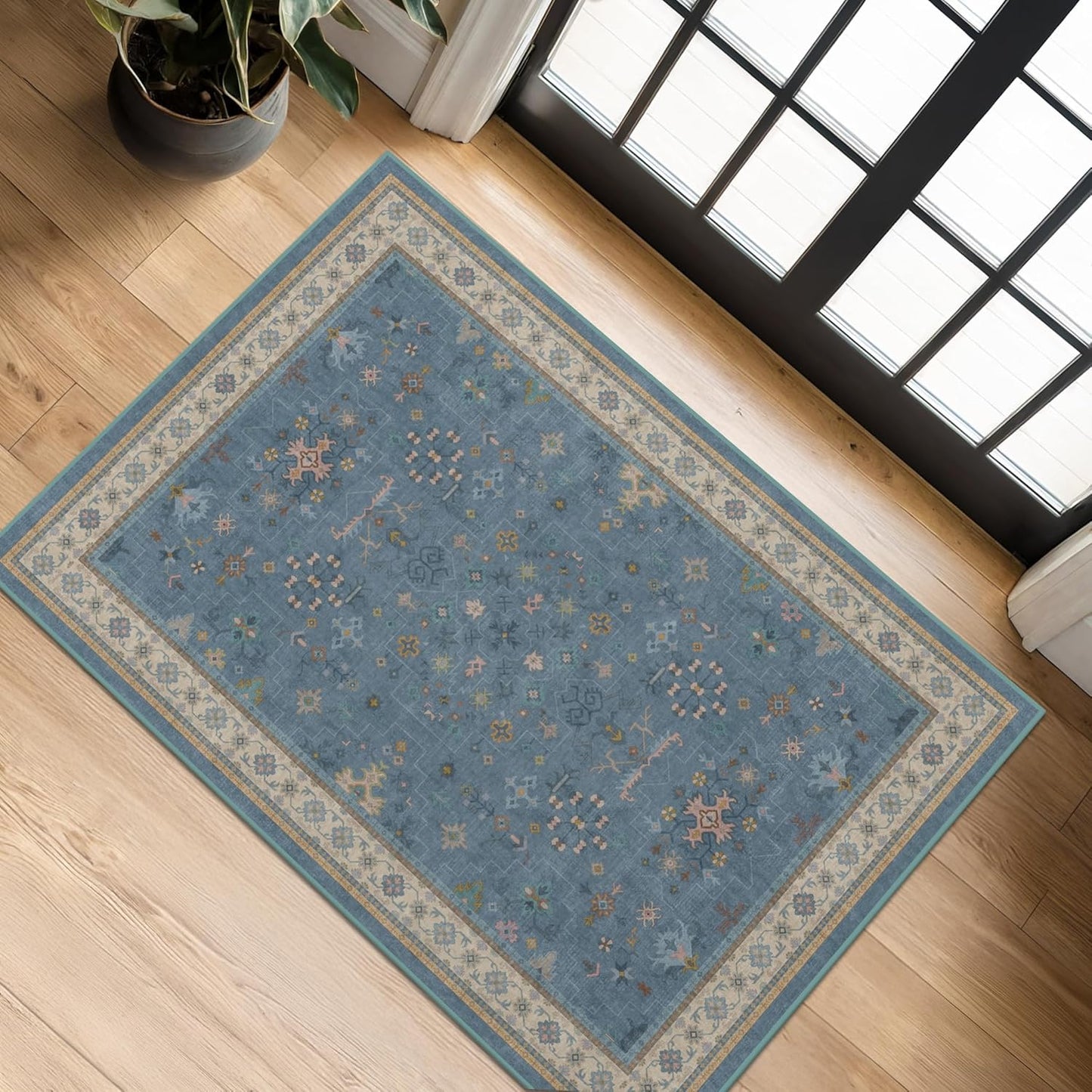 Black Washable Entry Rug, 2x3 Small Rugs for Entryway Kitchen Bathroom Door Mat Indoor Entrance, Non Slip Rubber Backing, Stain & Fade Resistant, Ashen Charcoal Floral Farmhouse Decor