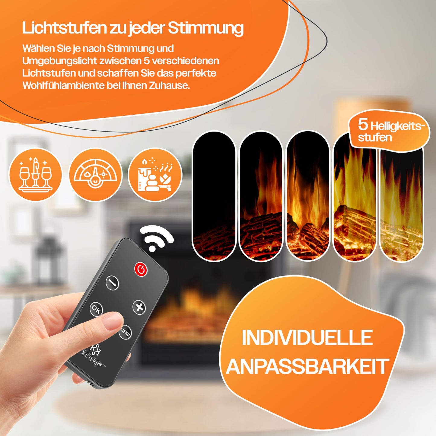 KESSER® Electric Fireplace with LED 3D Flame Effect, Heating Function, 1,800 W Power, Timer, Thermostat, Remote Control, Dimmable, Stone Look/Grey