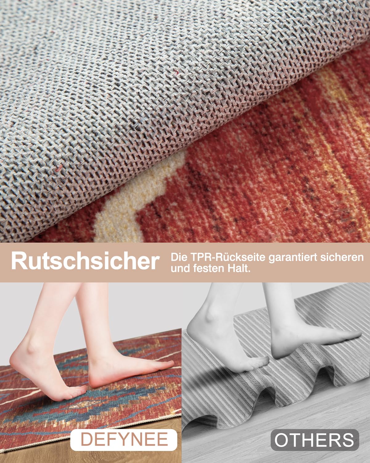 DEFYNEE Teppich Wohnzimmer 120 x 180 cm – Waschbarer Kurzflor Teppich, rutschfest, Vintage & Boho Stil, Pflegeleicht – Für Flur, Wohnzimmer, Schlafzimmer & Esszimmer, Dunkelblau
