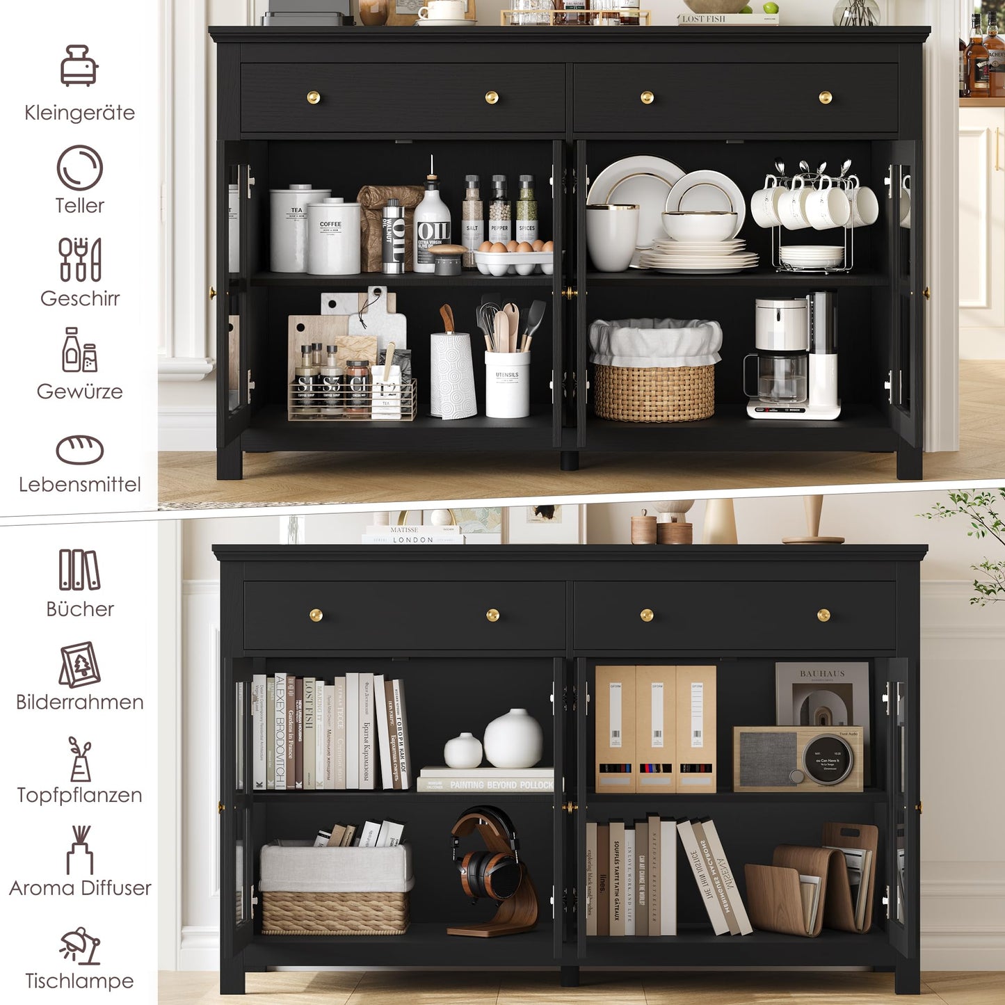 FirFurd Sideboard 140 cm Wide Kitchen Cabinet with Worktop Sideboard Living Room Kitchen Buffet Cabinet with 2 Drawers 4 Glass Doors Kitchen Buffet with Adjustable Shelves 140 x 40 x 91 cm Black